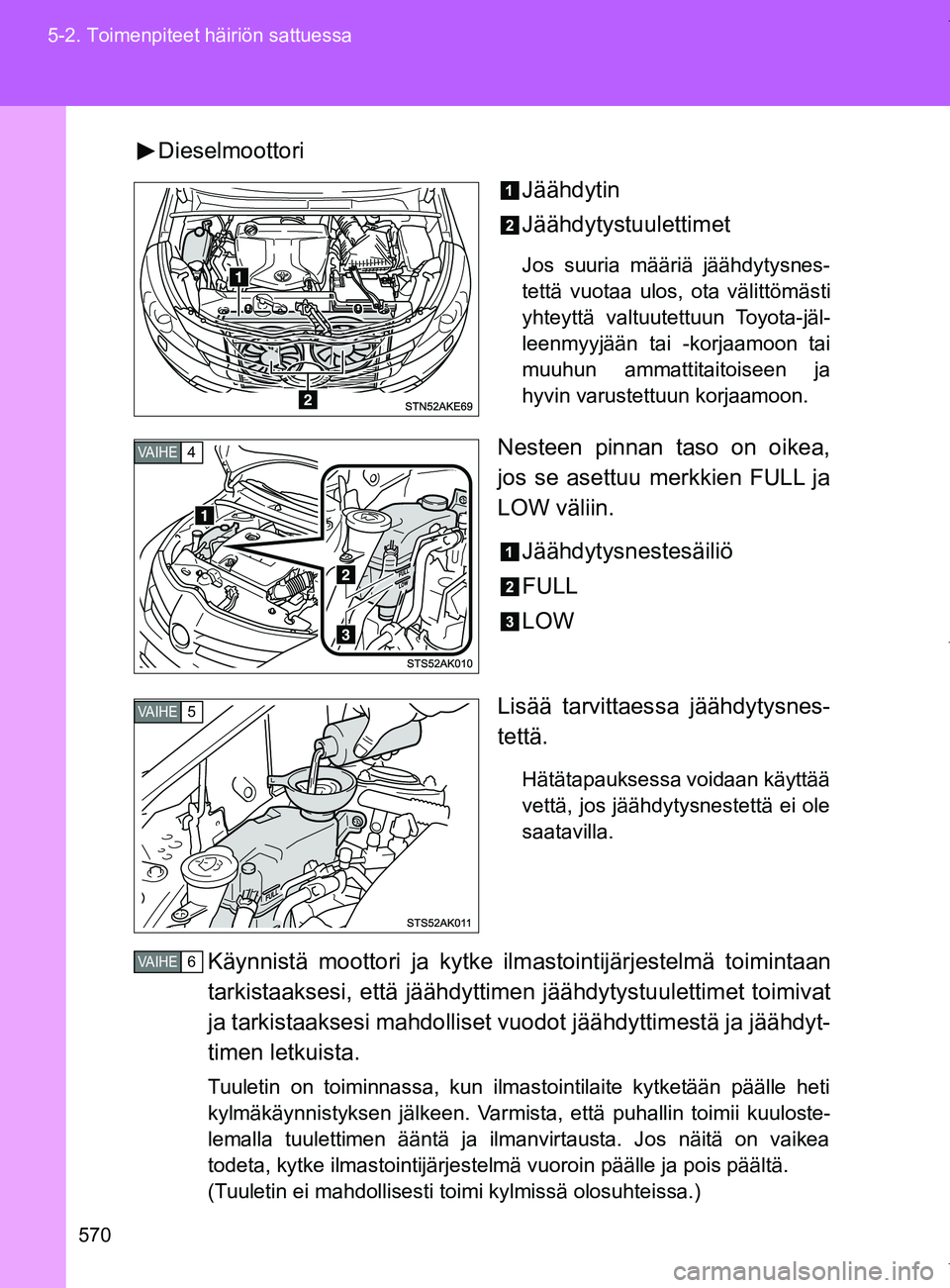 TOYOTA VERSO 2017 Omistajan Käsikirja (in Finnish) 570
5-2. Toimenpiteet häiriön sattuessa
OM64517FI
Dieselmoottori
Jäähdytin
Jäähdytystuulettimet
Jos suuria määriä jäähdytysnes-
tettä vuotaa ulos, ota välittömästi
yhteyttä valtuutettu TOYOTA VERSO 2017 Omistajan Käsikirja (in Finnish) 570
5-2. Toimenpiteet häiriön sattuessa
OM64517FI
Dieselmoottori
Jäähdytin
Jäähdytystuulettimet
Jos suuria määriä jäähdytysnes-
tettä vuotaa ulos, ota välittömästi
yhteyttä valtuutettu