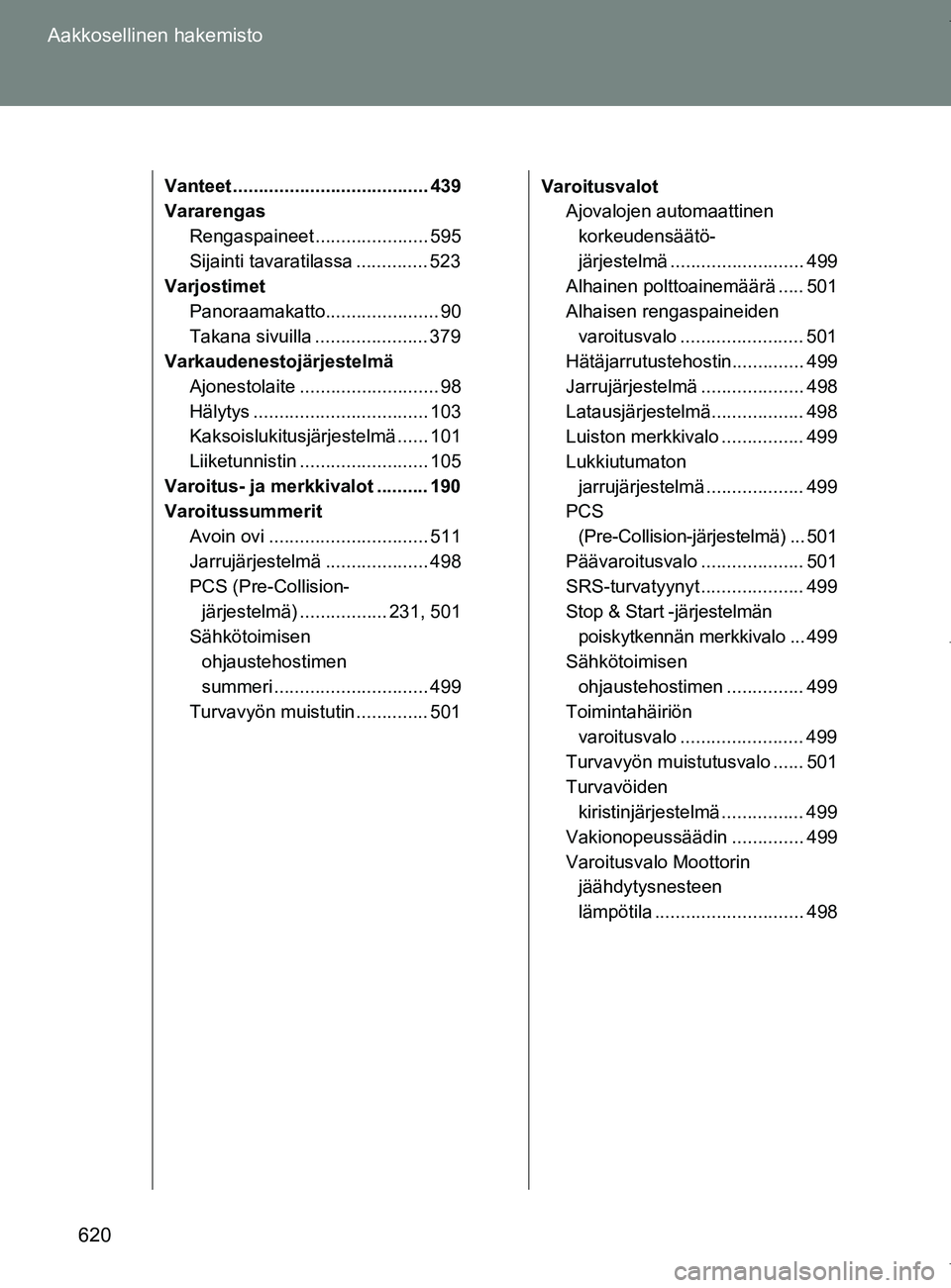 TOYOTA VERSO 2017 Omistajan Käsikirja (in Finnish) 620
Aakkosellinen hakemisto
OM64517FI
Vanteet ...................................... 439
Vararengas
Rengaspaineet ...................... 595
Sijainti tavaratilassa .............. 523
Varjostimet
Panor TOYOTA VERSO 2017 Omistajan Käsikirja (in Finnish) 620
Aakkosellinen hakemisto
OM64517FI
Vanteet ...................................... 439
Vararengas
Rengaspaineet ...................... 595
Sijainti tavaratilassa .............. 523
Varjostimet
Panor