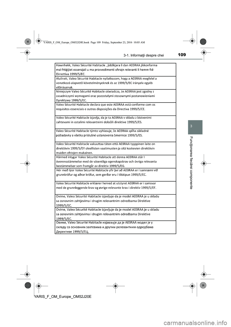 TOYOTA YARIS 2016  Manual de utilizare (in Romanian) 1093-1. Informaţii despre chei
3
Funcţionarea fiecărei componente
YARIS_F_OM_Europe_OM52J20E
YARIS_F_OM_Europe_OM52J20E.book  Page 109  Friday, September 23, 2016  10:05 AM 