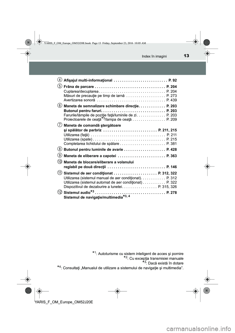 TOYOTA YARIS 2016 Manual de utilizare (in Romanian) 13Index în imagini
YARIS_F_OM_Europe_OM52J20EAfişajul multi-informaţional . . . . . . . . . . . . . . . . . . . . . . . . . . P. 92
Frâna de parcare . . . . . . . . . . . . . . . . . . . . . . . TOYOTA YARIS 2016 Manual de utilizare (in Romanian) 13Index în imagini
YARIS_F_OM_Europe_OM52J20EAfişajul multi-informaţional . . . . . . . . . . . . . . . . . . . . . . . . . . P. 92
Frâna de parcare . . . . . . . . . . . . . . . . . . . . . . .