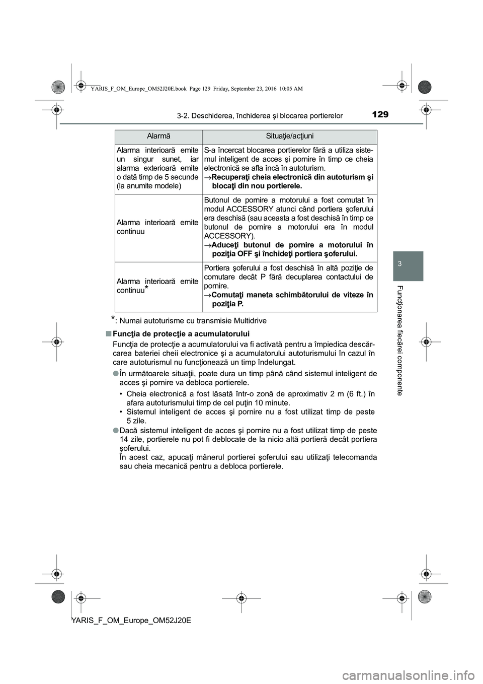 TOYOTA YARIS 2016 Manual de utilizare (in Romanian) 1293-2. Deschiderea, închiderea şi blocarea portierelor
3
Funcţionarea fiecărei componente
YARIS_F_OM_Europe_OM52J20E
*: Numai autoturisme cu transmisie Multidrive
■Funcţia de protecţie a acum TOYOTA YARIS 2016 Manual de utilizare (in Romanian) 1293-2. Deschiderea, închiderea şi blocarea portierelor
3
Funcţionarea fiecărei componente
YARIS_F_OM_Europe_OM52J20E
*: Numai autoturisme cu transmisie Multidrive
■Funcţia de protecţie a acum