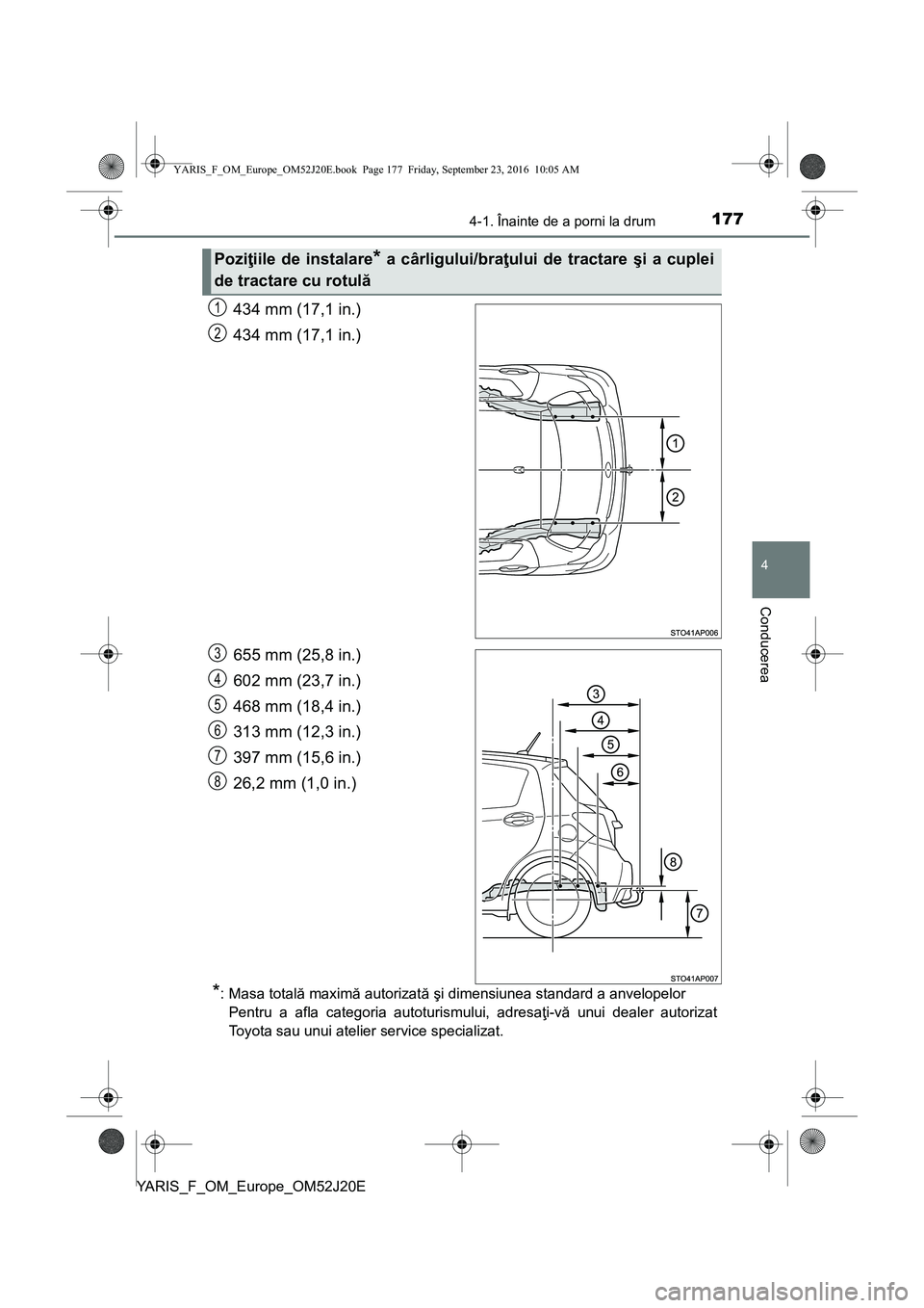 TOYOTA YARIS 2016  Manual de utilizare (in Romanian) 1774-1. Înainte de a porni la drum
4
Conducerea
YARIS_F_OM_Europe_OM52J20E
434 mm (17,1 in.)
434 mm (17,1 in.)
655 mm (25,8 in.)
602 mm (23,7 in.)
468 mm (18,4 in.)
313 mm (12,3 in.)
397 mm (15,6 in.