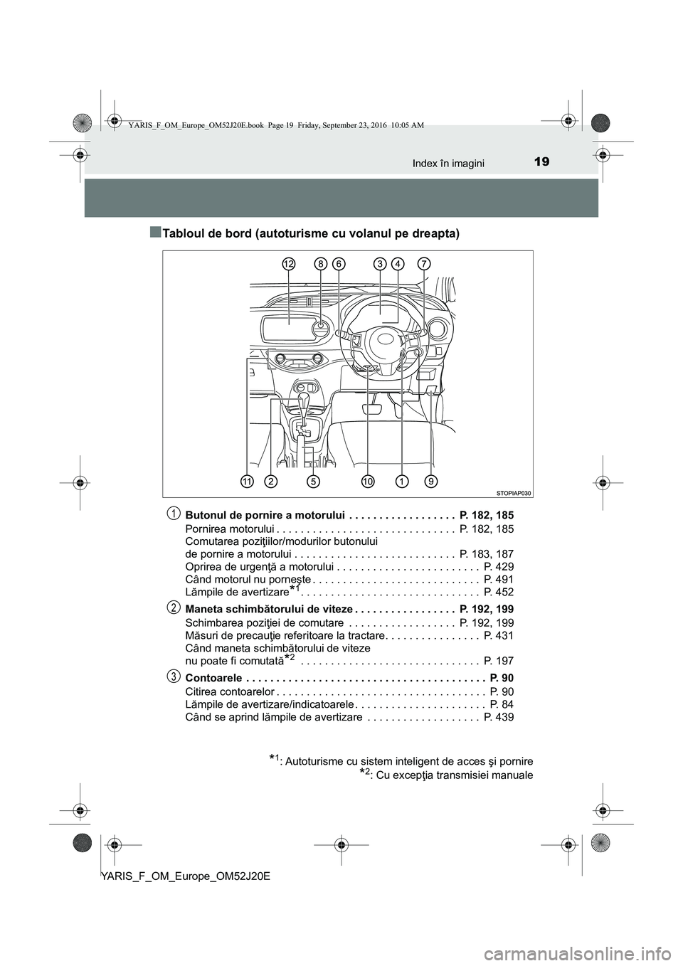 TOYOTA YARIS 2016 Manual de utilizare (in Romanian) 19Index în imagini
YARIS_F_OM_Europe_OM52J20E
■Tabloul de bord (autoturisme cu volanul pe dreapta)
Butonul de pornire a motorului . . . . . . . . . . . . . . . . . . P. 182, 185
Pornirea motorulu TOYOTA YARIS 2016 Manual de utilizare (in Romanian) 19Index în imagini
YARIS_F_OM_Europe_OM52J20E
■Tabloul de bord (autoturisme cu volanul pe dreapta)
Butonul de pornire a motorului . . . . . . . . . . . . . . . . . . P. 182, 185
Pornirea motorulu