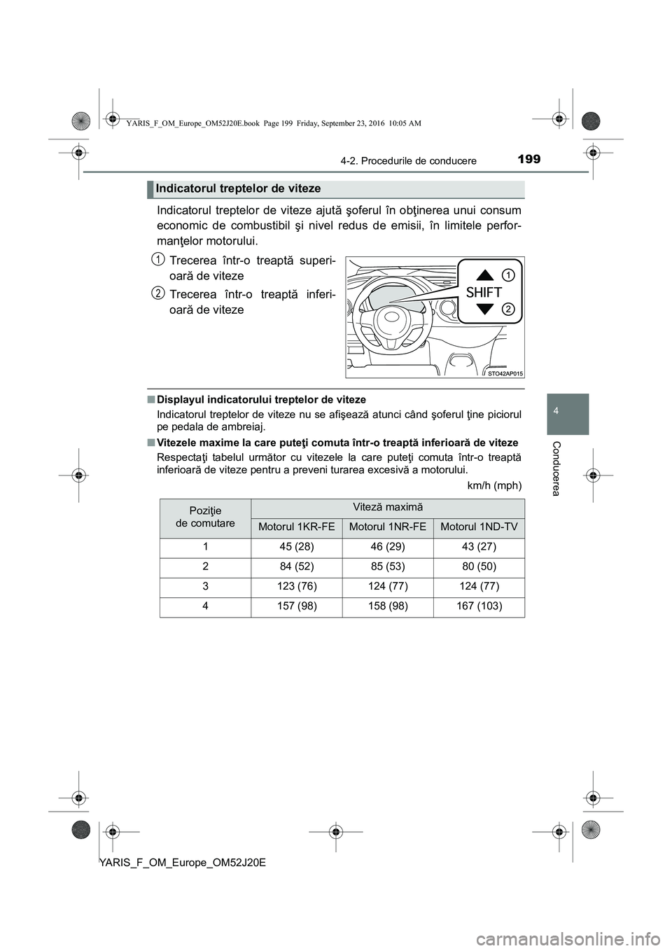 TOYOTA YARIS 2016  Manual de utilizare (in Romanian) 1994-2. Procedurile de conducere
4
Conducerea
YARIS_F_OM_Europe_OM52J20E
Indicatorul treptelor de viteze ajută şoferul în obţinerea unui consum
economic de combustibil şi nivel redus de emisii, 