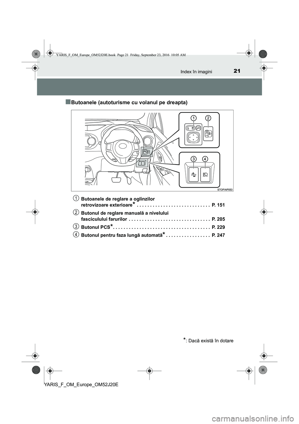 TOYOTA YARIS 2016 Manual de utilizare (in Romanian) 21Index în imagini
YARIS_F_OM_Europe_OM52J20E
■Butoanele (autoturisme cu volanul pe dreapta)
Butoanele de reglare a oglinzilor
retrovizoare exterioare
* . . . . . . . . . . . . . . . . . . . . . . TOYOTA YARIS 2016 Manual de utilizare (in Romanian) 21Index în imagini
YARIS_F_OM_Europe_OM52J20E
■Butoanele (autoturisme cu volanul pe dreapta)
Butoanele de reglare a oglinzilor
retrovizoare exterioare
* . . . . . . . . . . . . . . . . . . . . . .