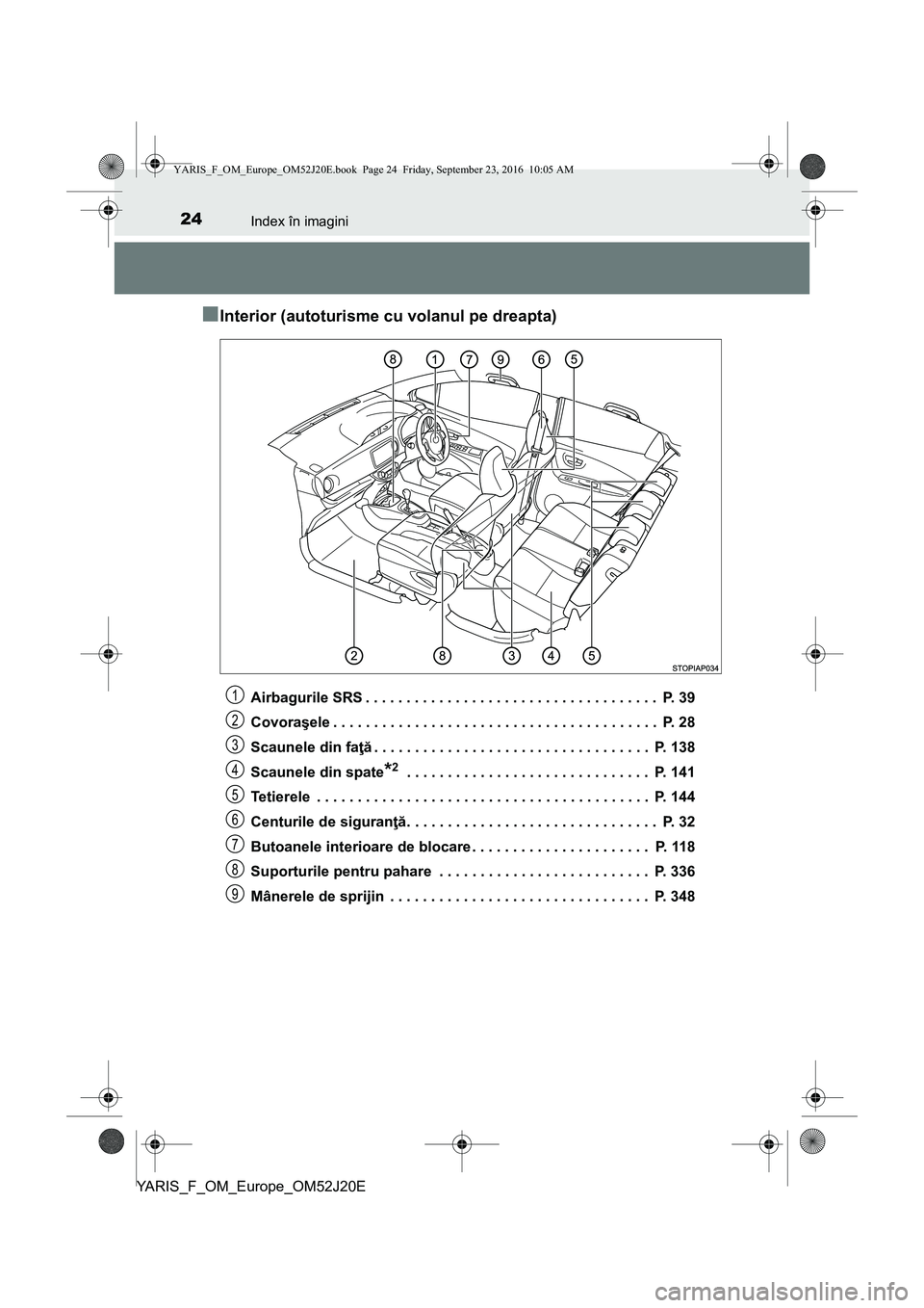 TOYOTA YARIS 2016 Manual de utilizare (in Romanian) 24Index în imagini
YARIS_F_OM_Europe_OM52J20E
■Interior (autoturisme cu volanul pe dreapta)
Airbagurile SRS . . . . . . . . . . . . . . . . . . . . . . . . . . . . . . . . . . . . P. 39
Covoraşel TOYOTA YARIS 2016 Manual de utilizare (in Romanian) 24Index în imagini
YARIS_F_OM_Europe_OM52J20E
■Interior (autoturisme cu volanul pe dreapta)
Airbagurile SRS . . . . . . . . . . . . . . . . . . . . . . . . . . . . . . . . . . . . P. 39
Covoraşel