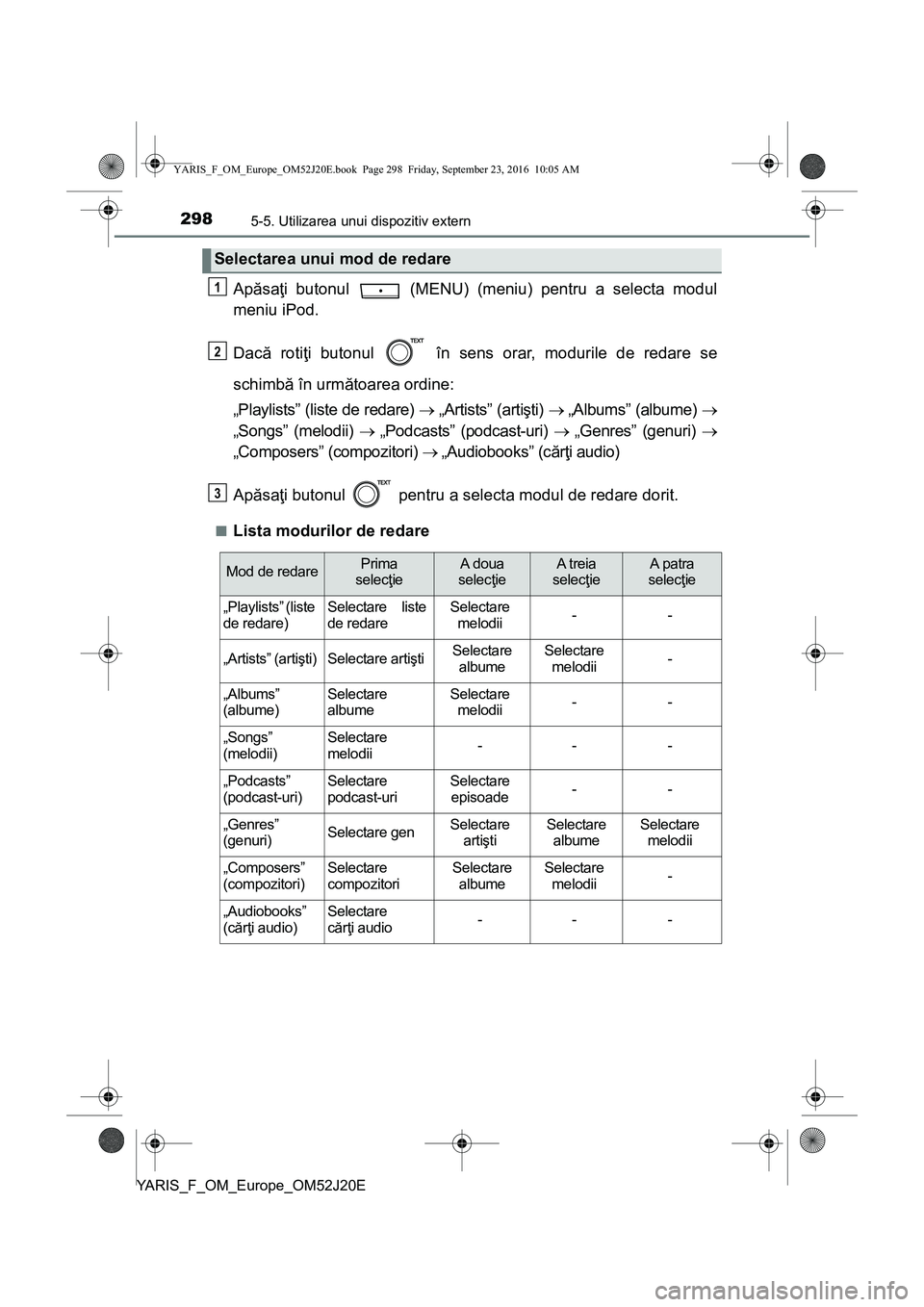 TOYOTA YARIS 2016  Manual de utilizare (in Romanian) 2985-5. Utilizarea unui dispozitiv extern
YARIS_F_OM_Europe_OM52J20E
Apăsaţi butonul   (MENU) (meniu) pentru a selecta modul
meniu iPod.
Dacă rotiţi butonul   în sens orar, modurile de redare se
