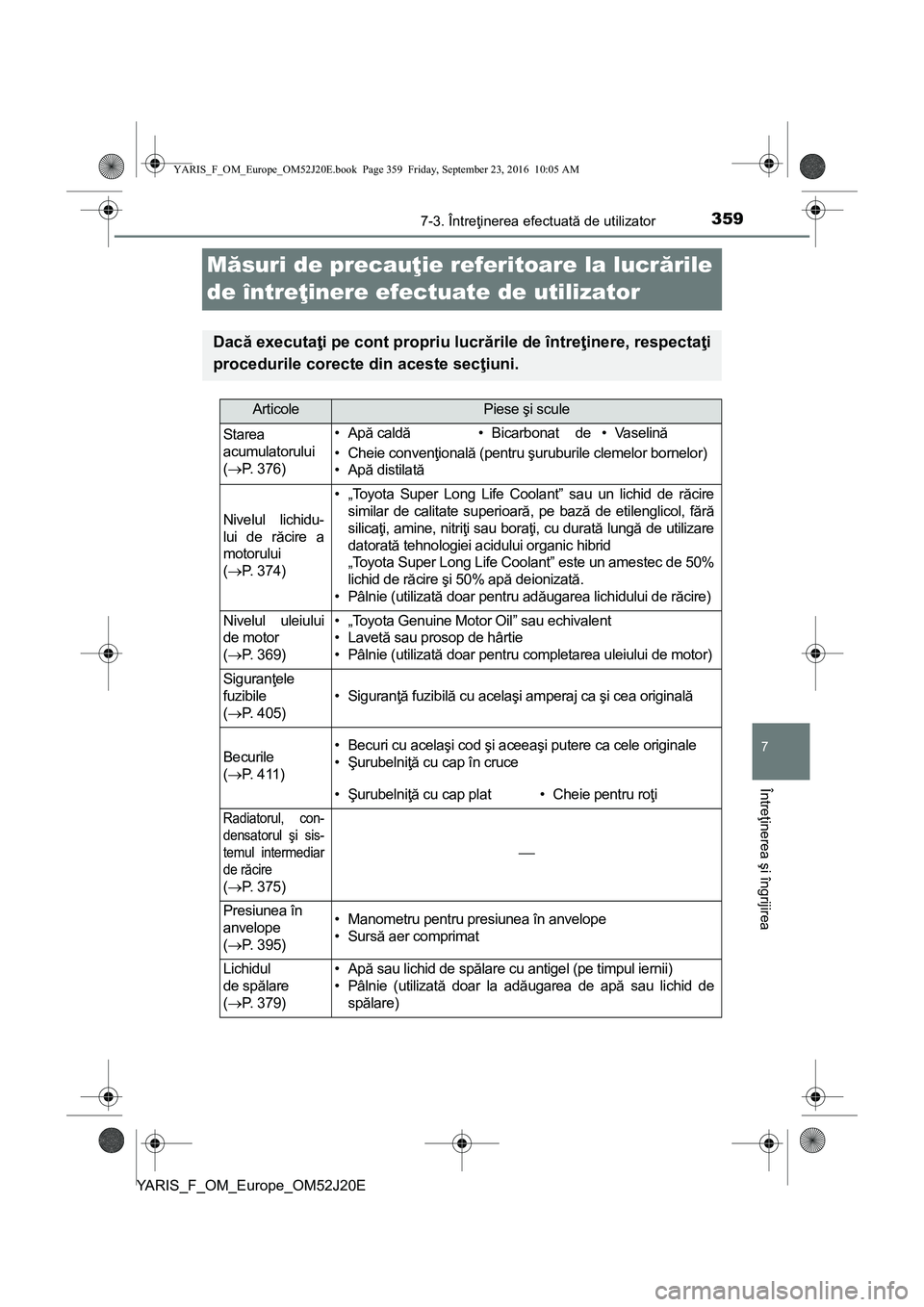 TOYOTA YARIS 2016 Manual de utilizare (in Romanian) 3597-3. Întreţinerea efectuată de utilizator
7
Întreţinerea şi îngrijirea
YARIS_F_OM_Europe_OM52J20E
Măsuri de precauţie referitoare la lucrările
de întreţinere efectuate de utilizator
Da TOYOTA YARIS 2016 Manual de utilizare (in Romanian) 3597-3. Întreţinerea efectuată de utilizator
7
Întreţinerea şi îngrijirea
YARIS_F_OM_Europe_OM52J20E
Măsuri de precauţie referitoare la lucrările
de întreţinere efectuate de utilizator
Da
