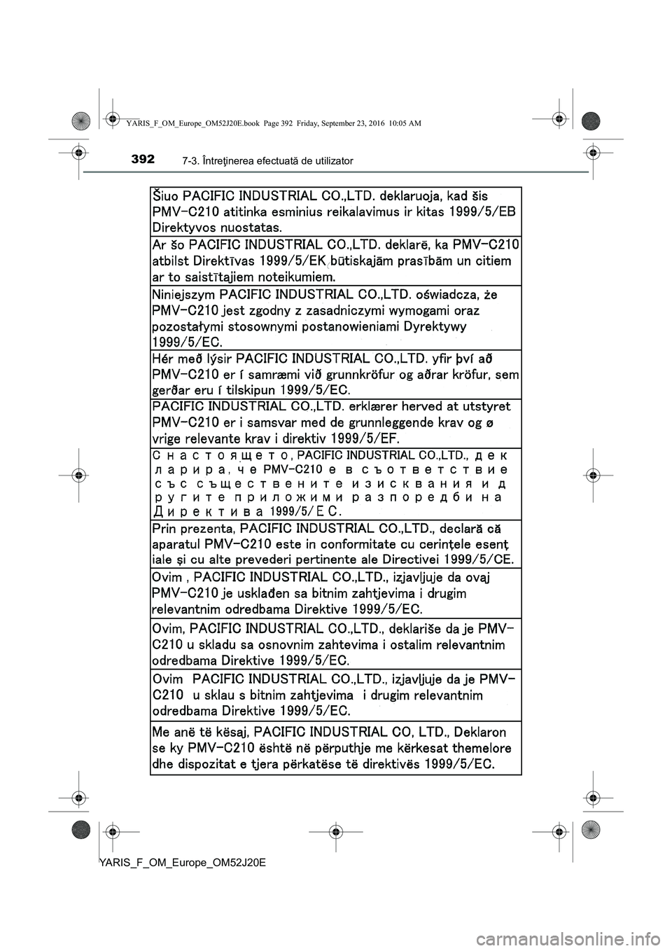 TOYOTA YARIS 2016  Manual de utilizare (in Romanian) 3927-3. Întreţinerea efectuată de utilizator
YARIS_F_OM_Europe_OM52J20E
YARIS_F_OM_Europe_OM52J20E.book  Page 392  Friday, September 23, 2016  10:05 AM 