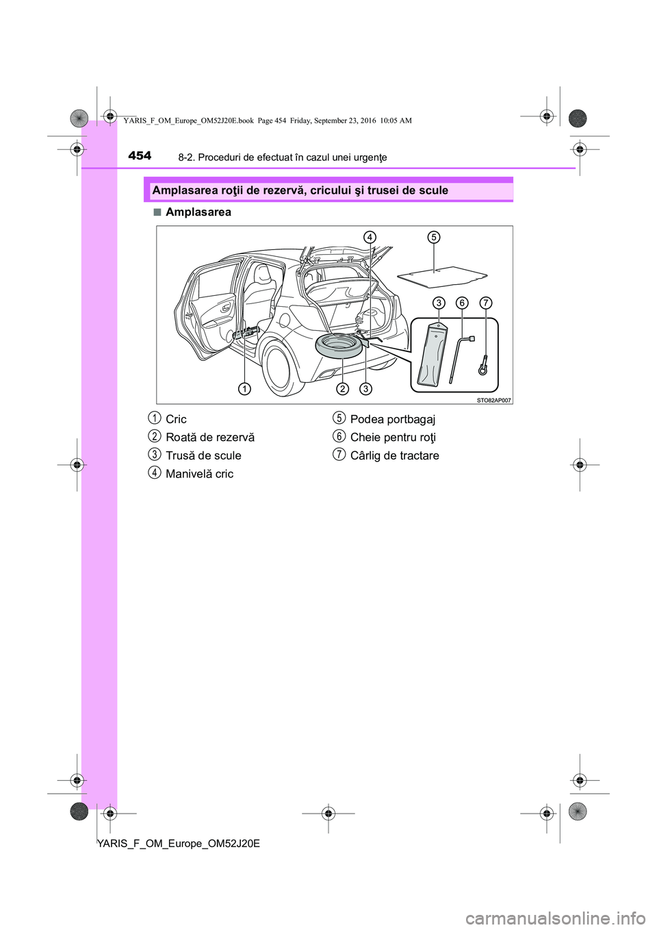 TOYOTA YARIS 2016  Manual de utilizare (in Romanian) 4548-2. Proceduri de efectuat în cazul unei urgenţe
YARIS_F_OM_Europe_OM52J20E■
Amplasarea
Amplasarea roţii de rezervă, cricului şi trusei de scule
Cric
Roată de rezervă
Trusă de scule
Maniv
