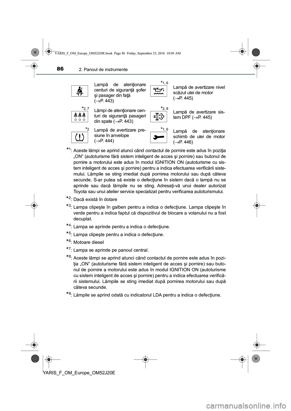 TOYOTA YARIS 2016  Manual de utilizare (in Romanian) 862. Panoul de instrumente
YARIS_F_OM_Europe_OM52J20E
*1:Aceste lămpi se aprind atunci când contactul de pornire este adus în poziţia
„ON” (autoturisme fără sistem inteligent de acces şi po