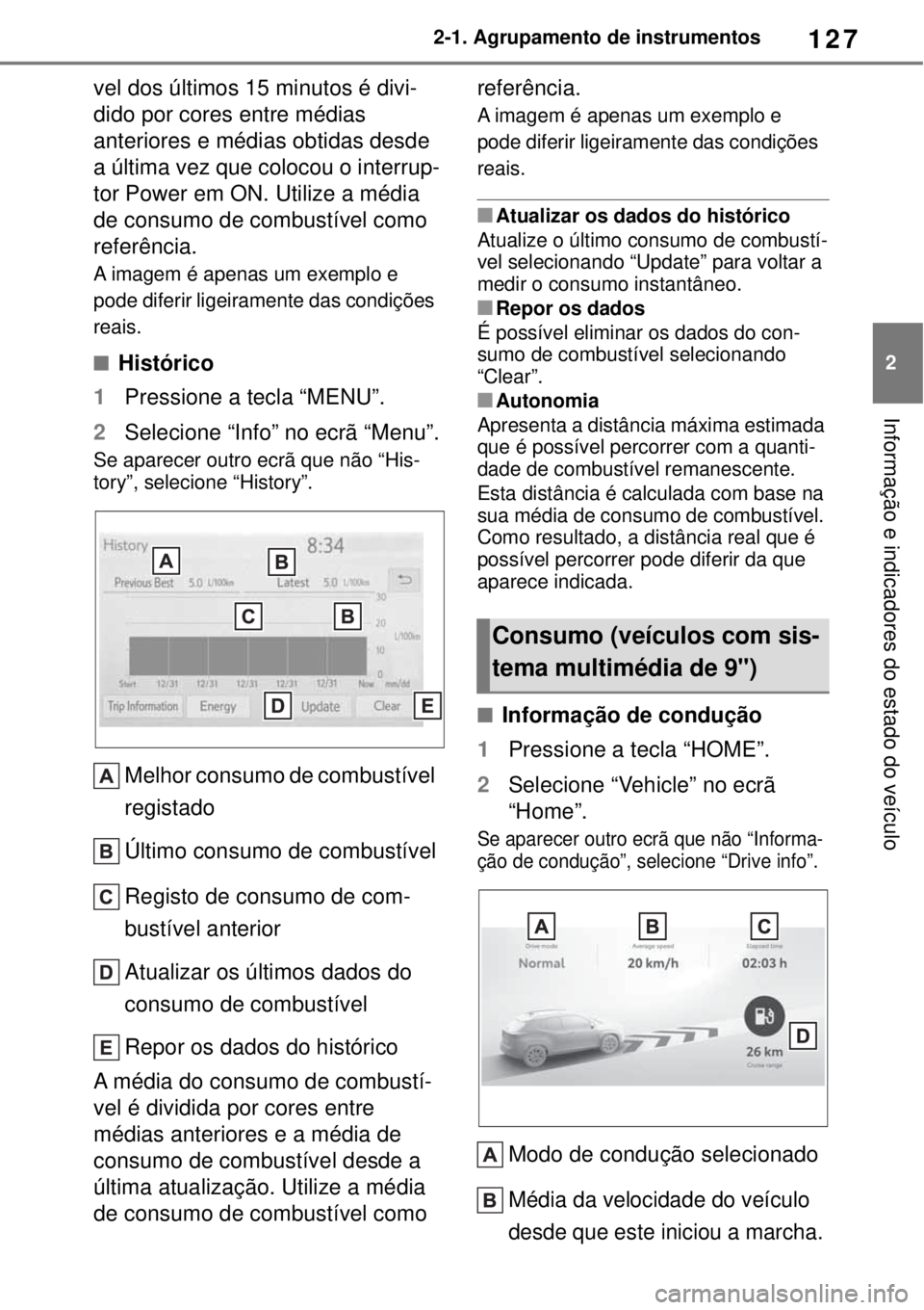 TOYOTA YARIS CROSS 2023 Manual de utilização (in Portuguese) 127
2 2-1. Agrupamento de instrumentos
Informação e indicadores do estado do veículo
vel dos últimos 15 minutos é divi-
dido por cores entre médias
anteriores e médias obtidas desde
a última TOYOTA YARIS CROSS 2023 Manual de utilização (in Portuguese) 127
2 2-1. Agrupamento de instrumentos
Informação e indicadores do estado do veículo
vel dos últimos 15 minutos é divi-
dido por cores entre médias
anteriores e médias obtidas desde
a última