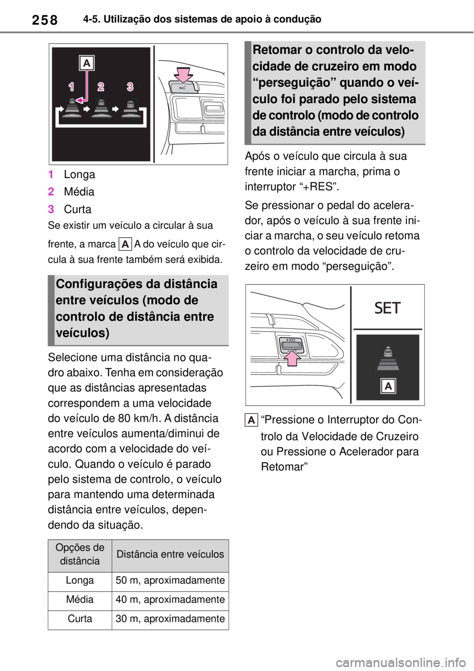 TOYOTA YARIS CROSS 2023 Manual de utilização (in Portuguese) 2584-5. Utilização dos sistemas de apoio à condução
1Longa
2Média
3Curta
Se existir um veículo a circular à sua
frente, a marca A do veículo que cir-
cula à sua frente também será exibi TOYOTA YARIS CROSS 2023 Manual de utilização (in Portuguese) 2584-5. Utilização dos sistemas de apoio à condução
1Longa
2Média
3Curta
Se existir um veículo a circular à sua
frente, a marca A do veículo que cir-
cula à sua frente também será exibi