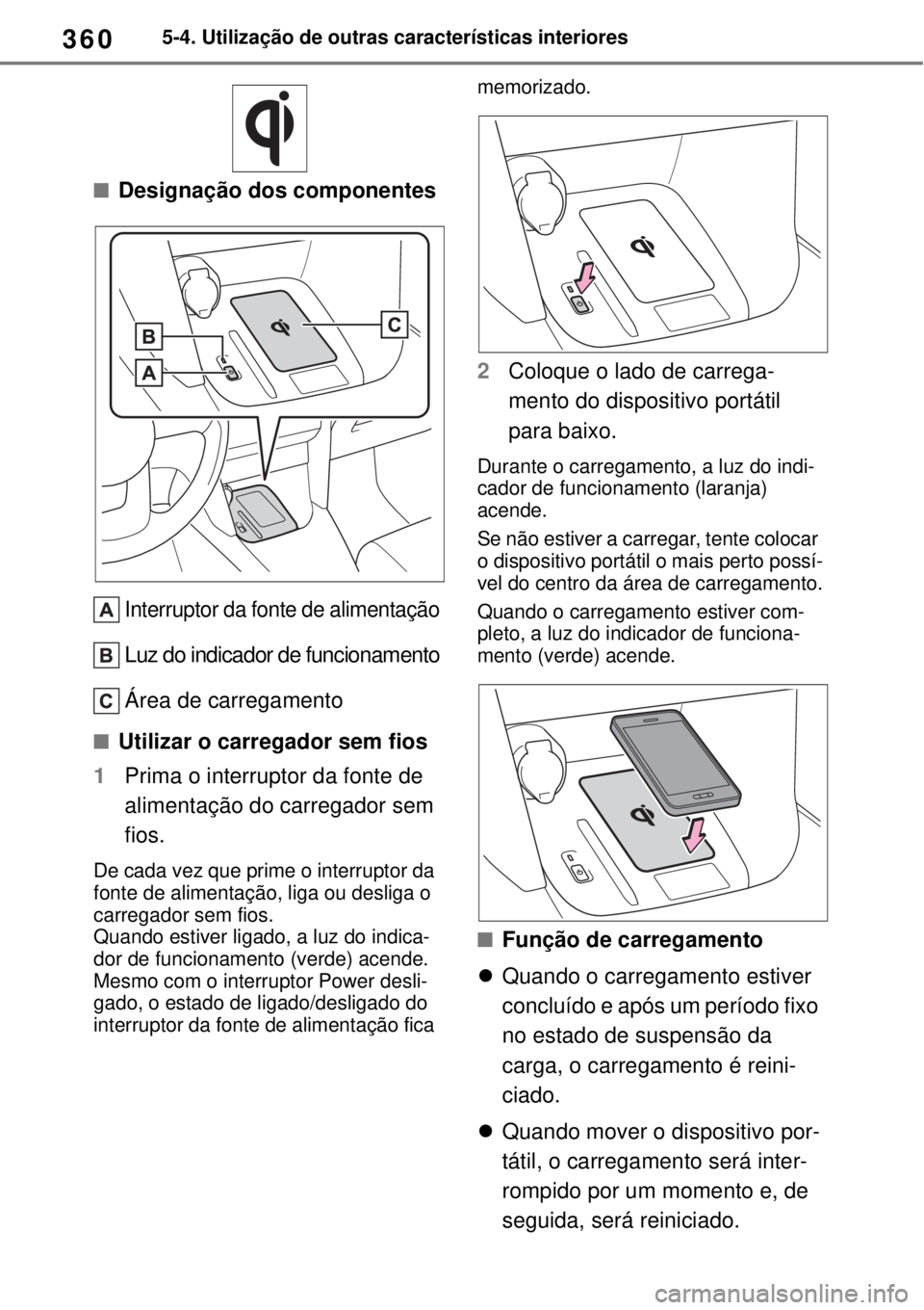 TOYOTA YARIS CROSS 2023 Manual de utilização (in Portuguese) 3605-4. Utilização de outras características interiores
Designação dos componentes
Interruptor da fonte de alimentação
Luz do indicador de funcionamento
Área de carregamento
Utilizar o TOYOTA YARIS CROSS 2023 Manual de utilização (in Portuguese) 3605-4. Utilização de outras características interiores
Designação dos componentes
Interruptor da fonte de alimentação
Luz do indicador de funcionamento
Área de carregamento
Utilizar o