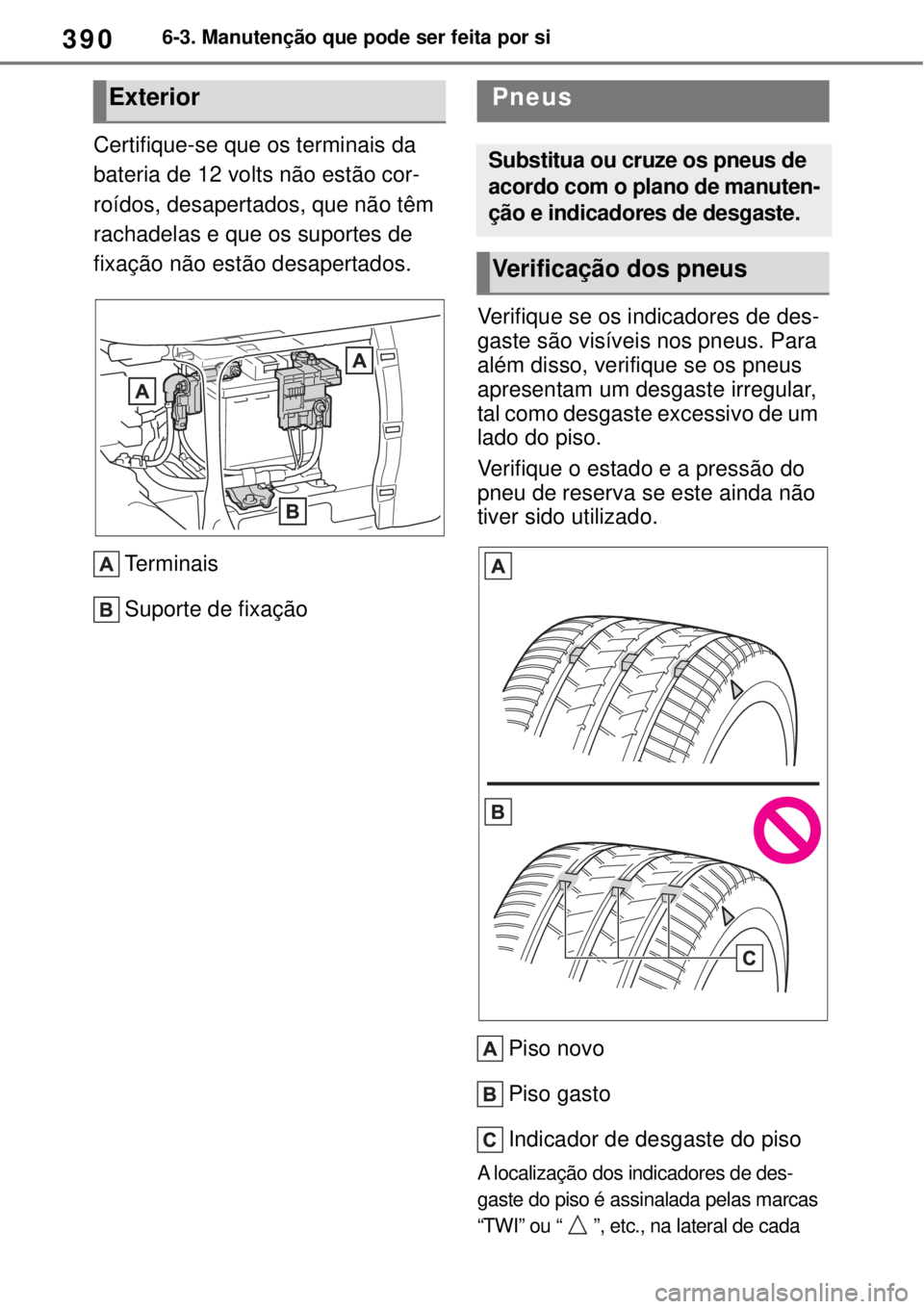 TOYOTA YARIS CROSS 2023 Manual de utilização (in Portuguese) 3906-3. Manutenção que pode ser feita por si
Certifique-se que os terminais da
bateria de 12 volts não estão cor-
roídos, desapertados, que não têm
rachadelas e que os suportes de
fixação TOYOTA YARIS CROSS 2023 Manual de utilização (in Portuguese) 3906-3. Manutenção que pode ser feita por si
Certifique-se que os terminais da
bateria de 12 volts não estão cor-
roídos, desapertados, que não têm
rachadelas e que os suportes de
fixação