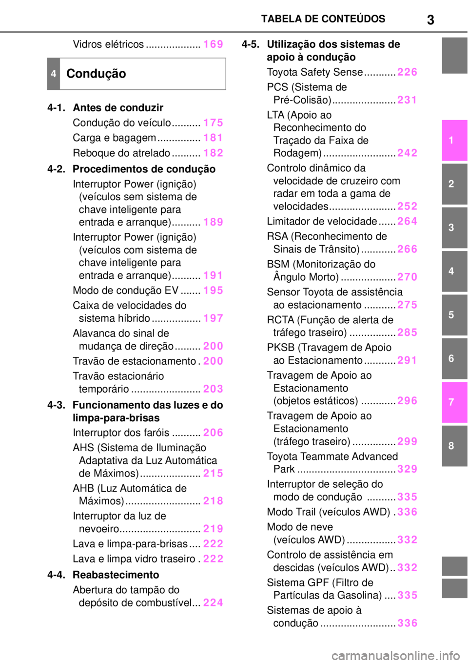 TOYOTA YARIS CROSS 2023  Manual de utilização (in Portuguese) 3TABELA DE CONTEÚDOS
1
6 5
4
3
2
8
7
Vidros elétricos ...................169
4-1. Antes de conduzir
Condução do veículo ..........
175
Carga e bagagem ...............181
Reboque do atrelado .....