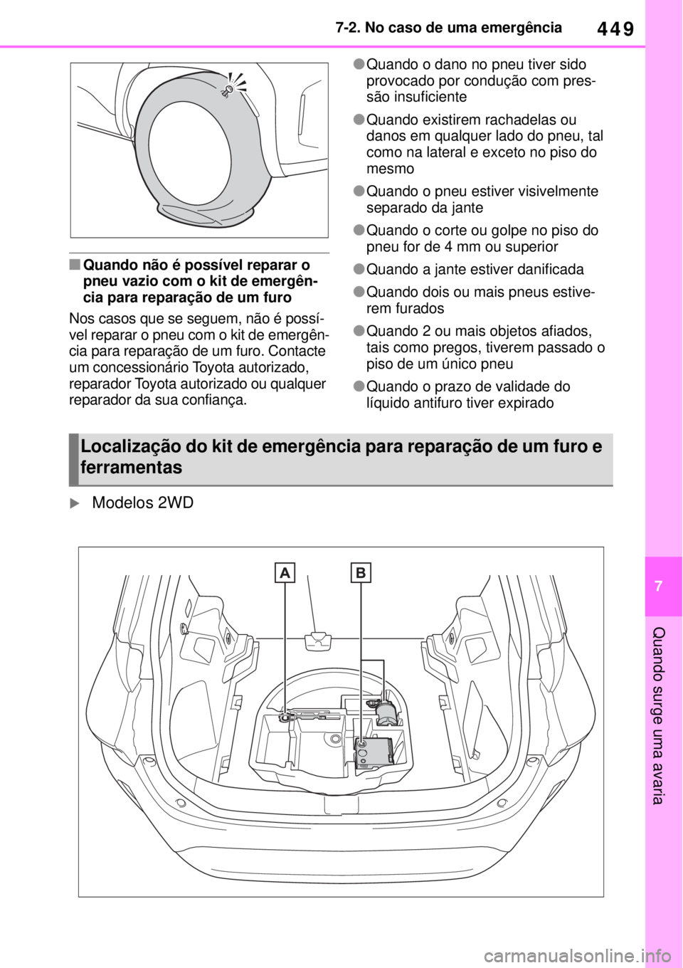 TOYOTA YARIS CROSS 2023 Manual de utilização (in Portuguese) 449
7 7-2. No caso de uma emergência
Quando surge uma avaria
Quando não é possível reparar o
pneu vazio com o kit de emergên-
cia para reparação de um furo
Nos casos que se seguem, não é TOYOTA YARIS CROSS 2023 Manual de utilização (in Portuguese) 449
7 7-2. No caso de uma emergência
Quando surge uma avaria
Quando não é possível reparar o
pneu vazio com o kit de emergên-
cia para reparação de um furo
Nos casos que se seguem, não é