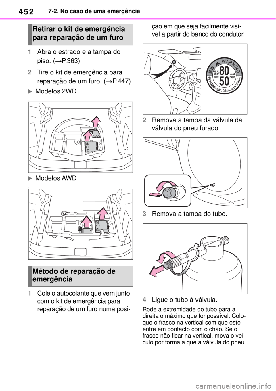TOYOTA YARIS CROSS 2023 Manual de utilização (in Portuguese) 4527-2. No caso de uma emergência
1Abra o estrado e a tampa do
piso. (P.363)
2Tire o kit de emergência para
reparação de um furo. (P.447)
Modelos 2WD
1
Modelos AWD
1
1Cole o autocola TOYOTA YARIS CROSS 2023 Manual de utilização (in Portuguese) 4527-2. No caso de uma emergência
1Abra o estrado e a tampa do
piso. (P.363)
2Tire o kit de emergência para
reparação de um furo. (P.447)
Modelos 2WD
1
Modelos AWD
1
1Cole o autocola