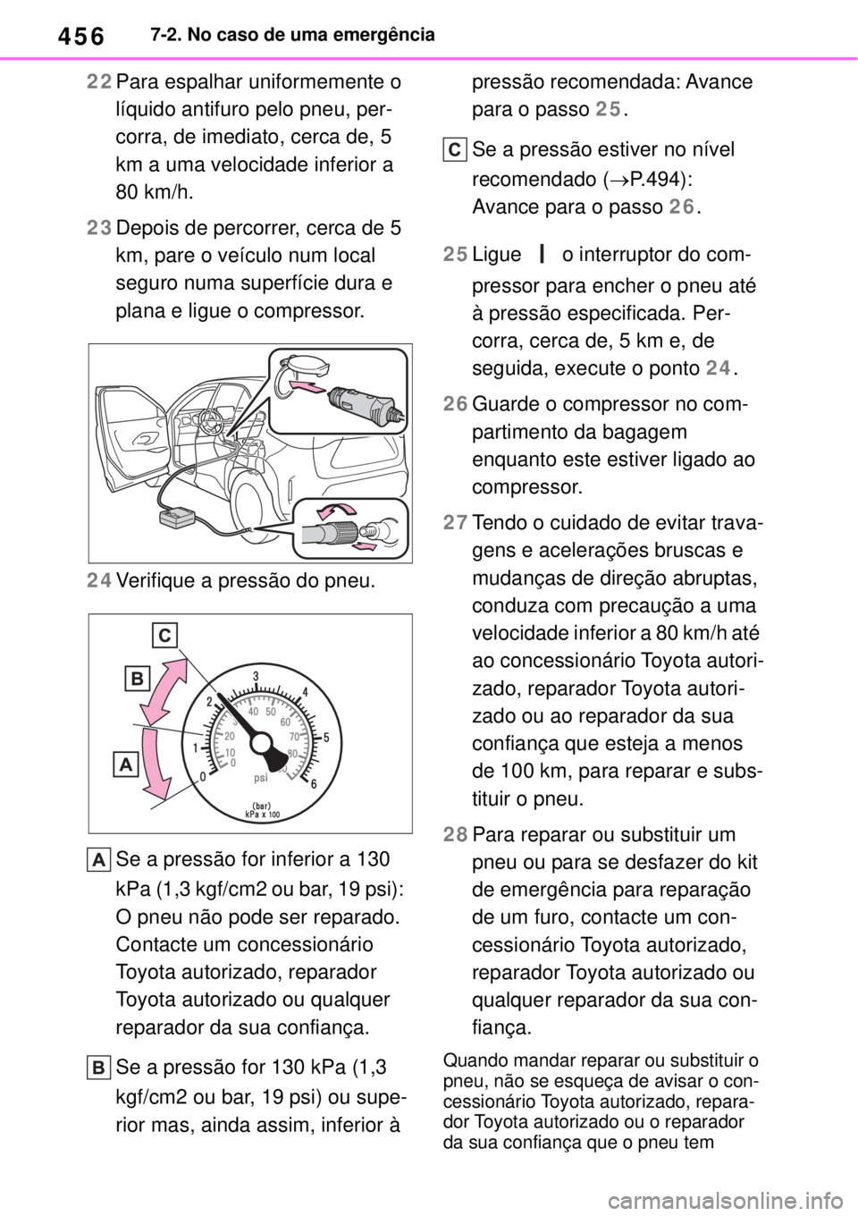 TOYOTA YARIS CROSS 2023 Manual de utilização (in Portuguese) 4567-2. No caso de uma emergência
22Para espalhar uniformemente o
líquido antifuro pelo pneu, per-
corra, de imediato, cerca de, 5
km a uma velocidade inferior a
80 km/h.
23Depois de percorrer, c TOYOTA YARIS CROSS 2023 Manual de utilização (in Portuguese) 4567-2. No caso de uma emergência
22Para espalhar uniformemente o
líquido antifuro pelo pneu, per-
corra, de imediato, cerca de, 5
km a uma velocidade inferior a
80 km/h.
23Depois de percorrer, c
