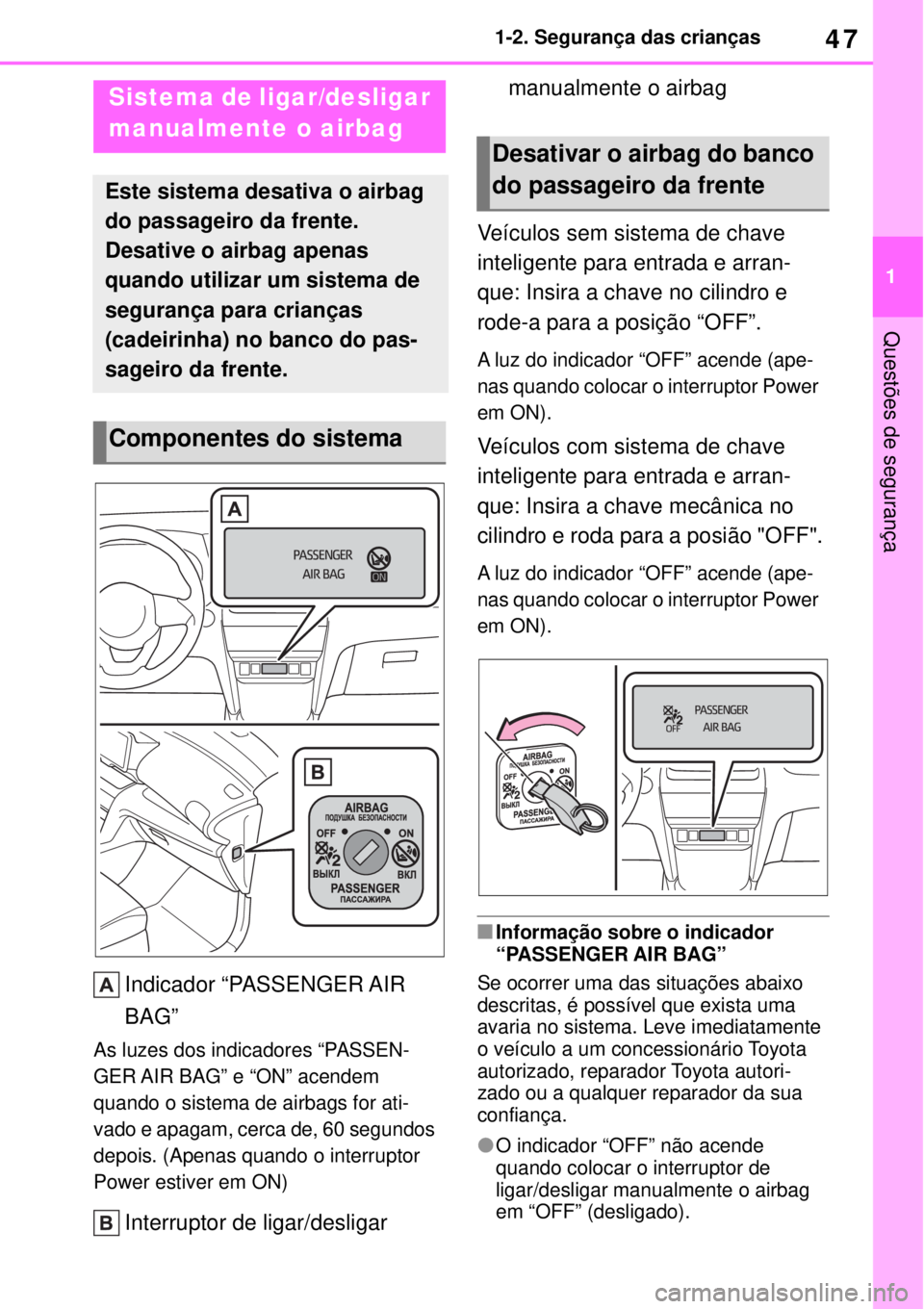 TOYOTA YARIS CROSS 2023 Manual de utilização (in Portuguese) 47
1 1-2. Segurança das crianças
Questões de segurança
1-2.Segurança das crianças
Indicador “PASSENGER AIR
BAG”
As luzes dos indicadores “PASSEN-
GER AIR BAG” e “ON” acendem
quando TOYOTA YARIS CROSS 2023 Manual de utilização (in Portuguese) 47
1 1-2. Segurança das crianças
Questões de segurança
1-2.Segurança das crianças
Indicador “PASSENGER AIR
BAG”
As luzes dos indicadores “PASSEN-
GER AIR BAG” e “ON” acendem
quando