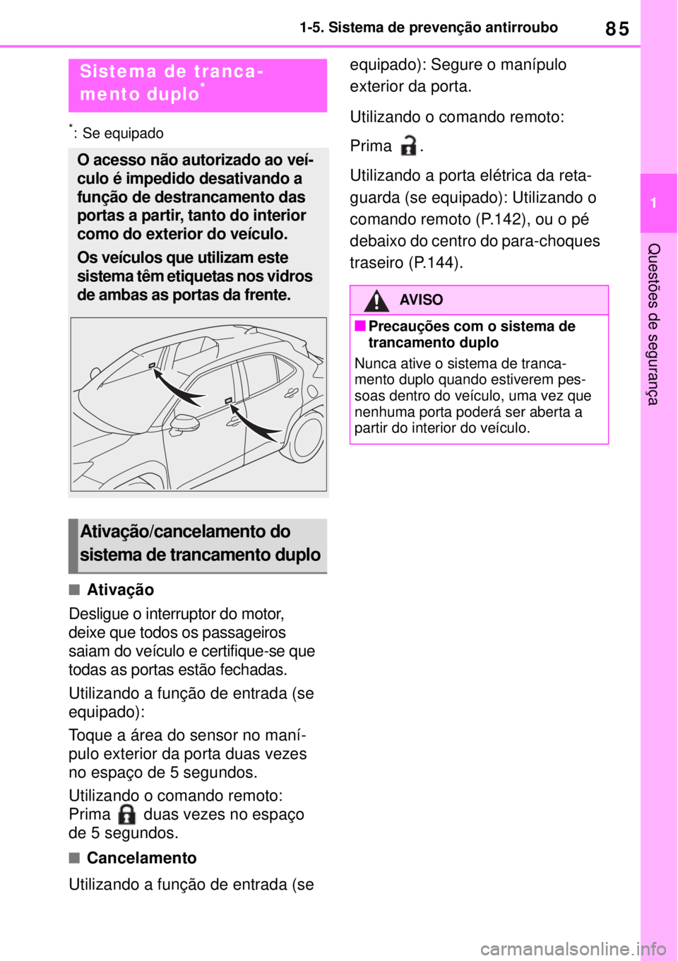 TOYOTA YARIS CROSS 2023 Manual de utilização (in Portuguese) 85
1 1-5. Sistema de prevenção antirroubo
Questões de segurança
*: Se equipado
Ativação
Desligue o interruptor do motor,
deixe que todos os passageiros
saiam do veículo e certifique-se que TOYOTA YARIS CROSS 2023 Manual de utilização (in Portuguese) 85
1 1-5. Sistema de prevenção antirroubo
Questões de segurança
*: Se equipado
Ativação
Desligue o interruptor do motor,
deixe que todos os passageiros
saiam do veículo e certifique-se que