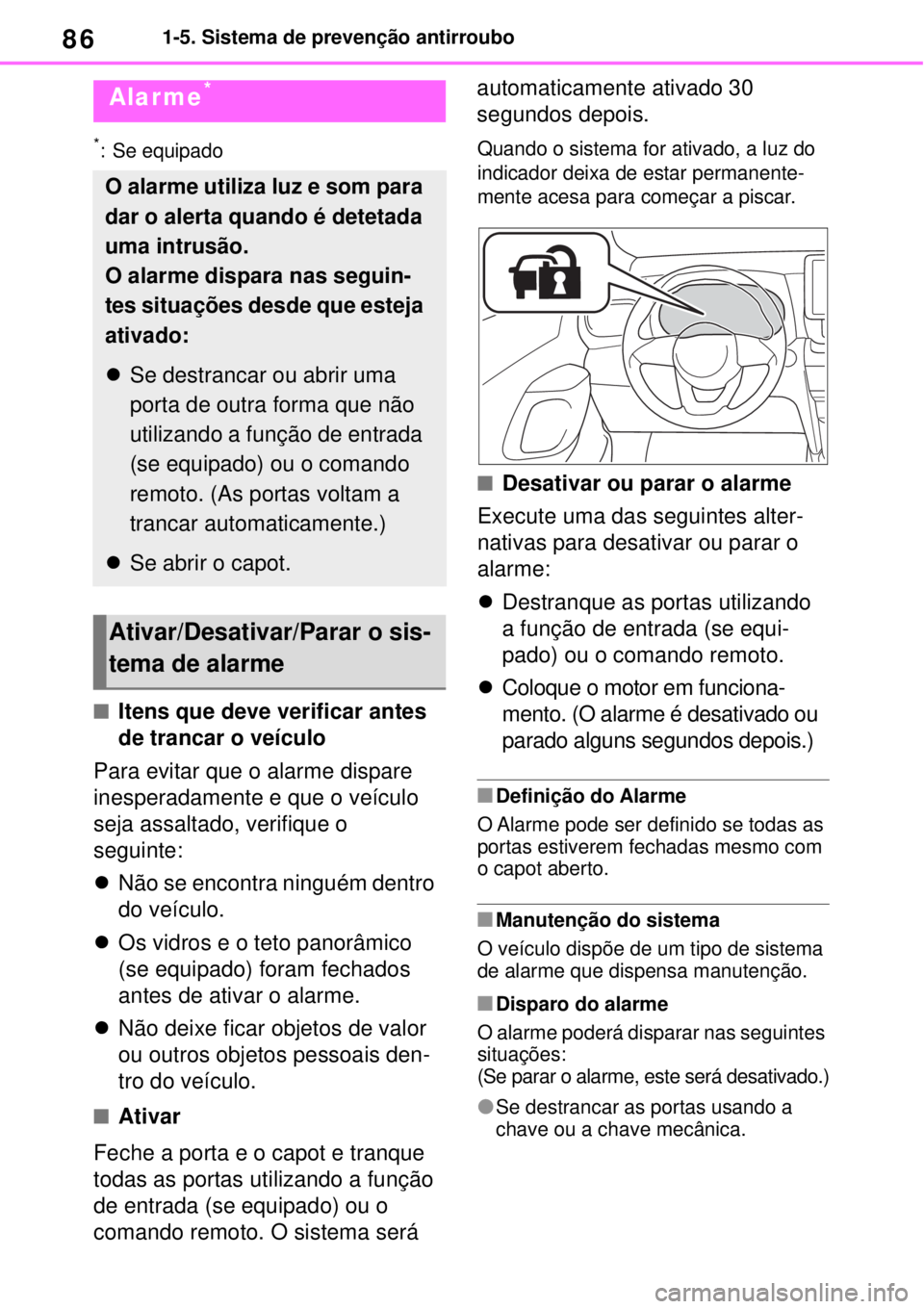 TOYOTA YARIS CROSS 2023 Manual de utilização (in Portuguese) 861-5. Sistema de prevenção antirroubo
*: Se equipado
Itens que deve verificar antes
de trancar o veículo
Para evitar que o alarme dispare
inesperadamente e que o veículo
seja assaltado, ver TOYOTA YARIS CROSS 2023 Manual de utilização (in Portuguese) 861-5. Sistema de prevenção antirroubo
*: Se equipado
Itens que deve verificar antes
de trancar o veículo
Para evitar que o alarme dispare
inesperadamente e que o veículo
seja assaltado, ver