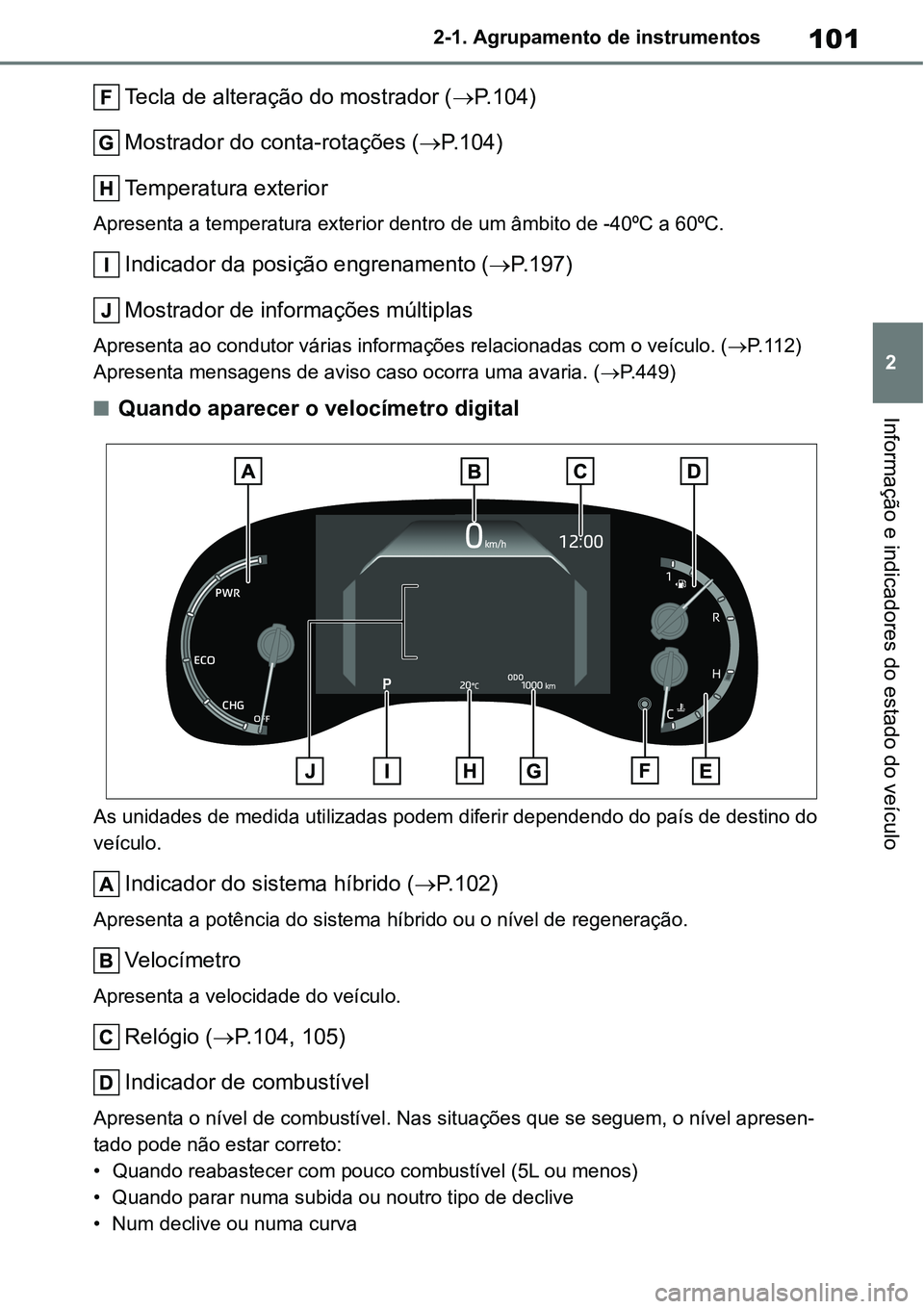 TOYOTA YARIS CROSS 2022  Manual de utilização (in Portuguese) 101
2 2-1. Agrupamento de instrumentos
Informação e indicadores do estado do veículo
Tecla de alteração do mostrador (P.104)
Mostrador do conta-rotações (P.104)
Temperatura exterior
Apres