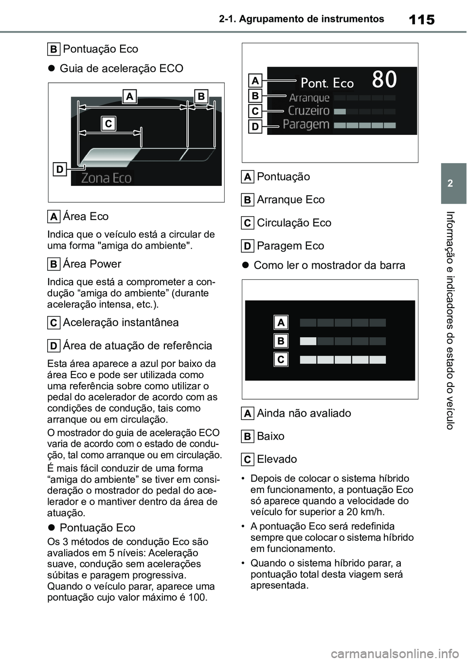 TOYOTA YARIS CROSS 2022  Manual de utilização (in Portuguese) 115
2 2-1. Agrupamento de instrumentos
Informação e indicadores do estado do veículo
Pontuação Eco
Guia de aceleração ECO
Área Eco
Indica que o veículo está a circular de 
uma forma "amig