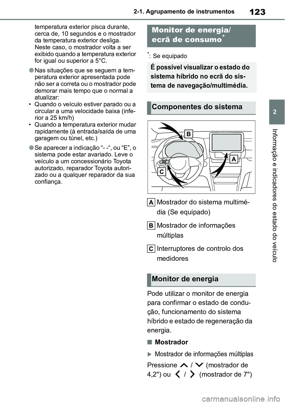 TOYOTA YARIS CROSS 2022  Manual de utilização (in Portuguese) 123
2 2-1. Agrupamento de instrumentos
Informação e indicadores do estado do veículo
temperatura exterior pisca durante, 
cerca de, 10 segundos e o mostrador 
da temperatura exterior desliga. 
Nest