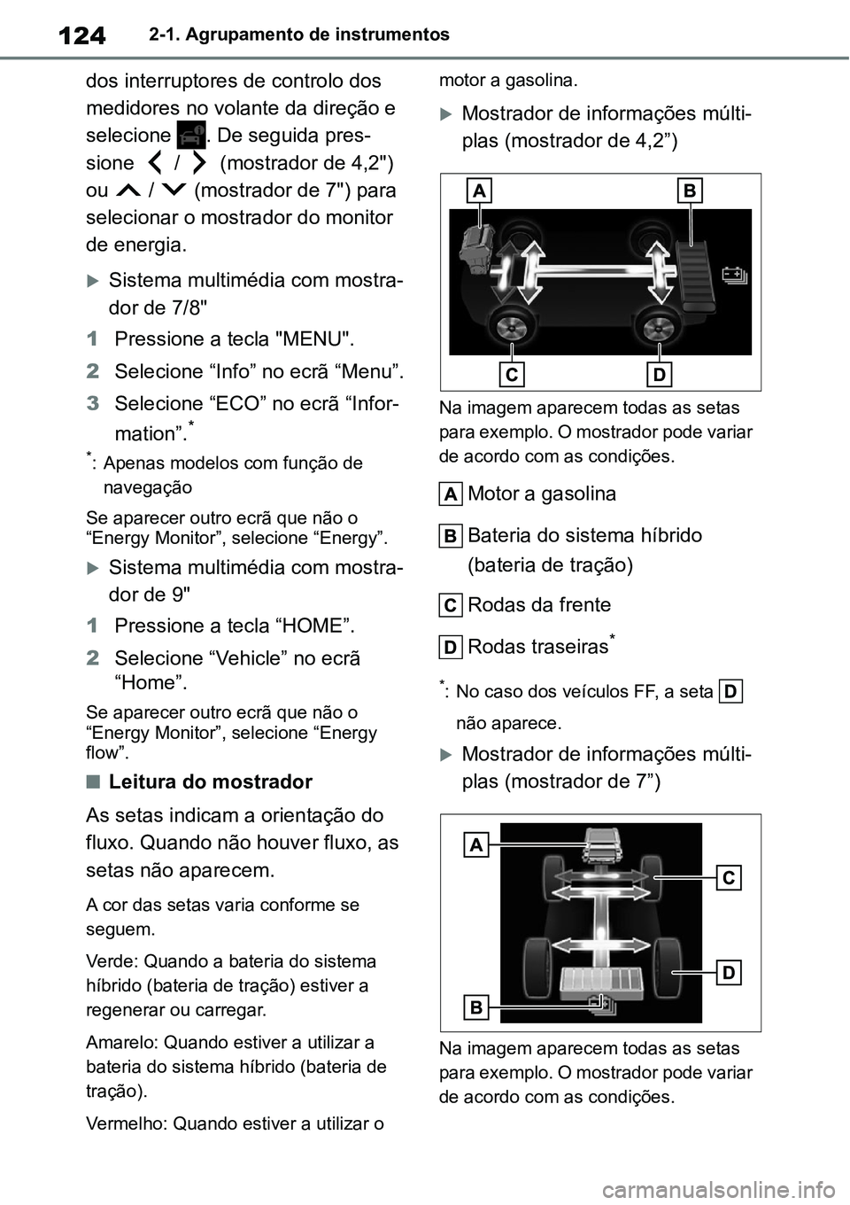 TOYOTA YARIS CROSS 2022  Manual de utilização (in Portuguese) 1242-1. Agrupamento de instrumentos
dos interruptores de controlo dos 
medidores no volante da direção e 
selecione  . De seguida pres-
sione  /  (mostrador de 4,2") 
ou   /   (mostrador de 7") para
