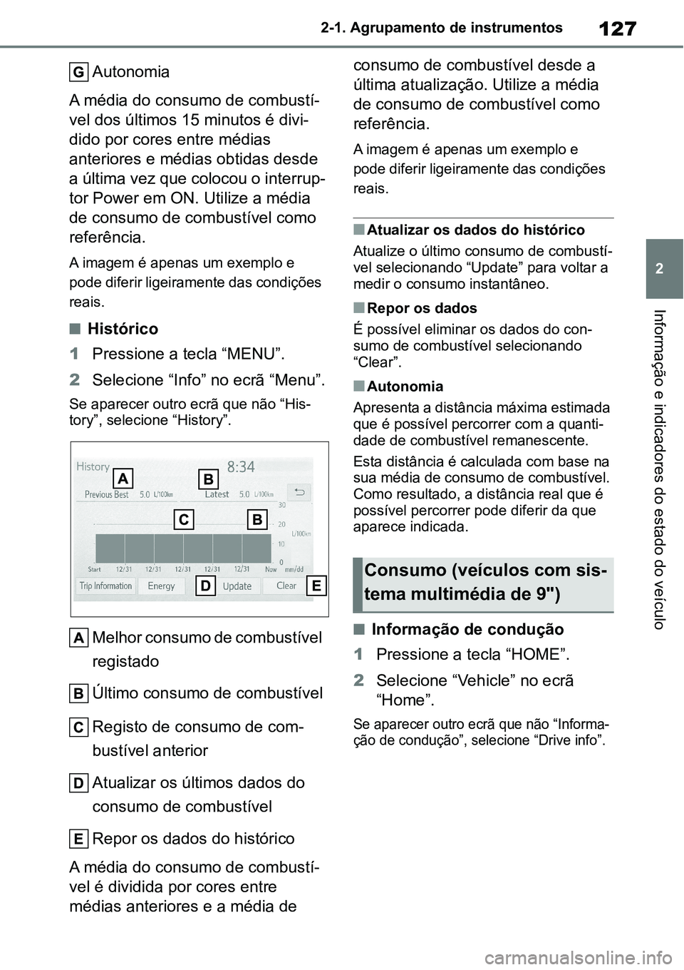 TOYOTA YARIS CROSS 2022  Manual de utilização (in Portuguese) 127
2 2-1. Agrupamento de instrumentos
Informação e indicadores do estado do veículo
Autonomia
A média do consumo de combustí-
vel dos últimos 15 minutos é divi-
dido por cores entre médias 
a