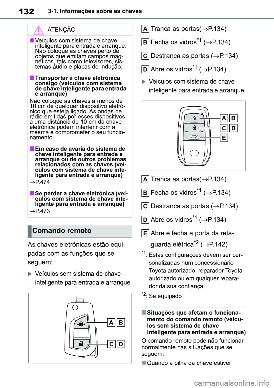 TOYOTA YARIS CROSS 2022 Manual de utilização (in Portuguese) 1323-1. Informações sobre as chaves
As chaves eletrónicas estão equi-
padas com as funções que se
seguem:
Veículos sem sistema de chave
inteligente para entrada e arranque
Tranca as porta TOYOTA YARIS CROSS 2022 Manual de utilização (in Portuguese) 1323-1. Informações sobre as chaves
As chaves eletrónicas estão equi-
padas com as funções que se
seguem:
Veículos sem sistema de chave
inteligente para entrada e arranque
Tranca as porta