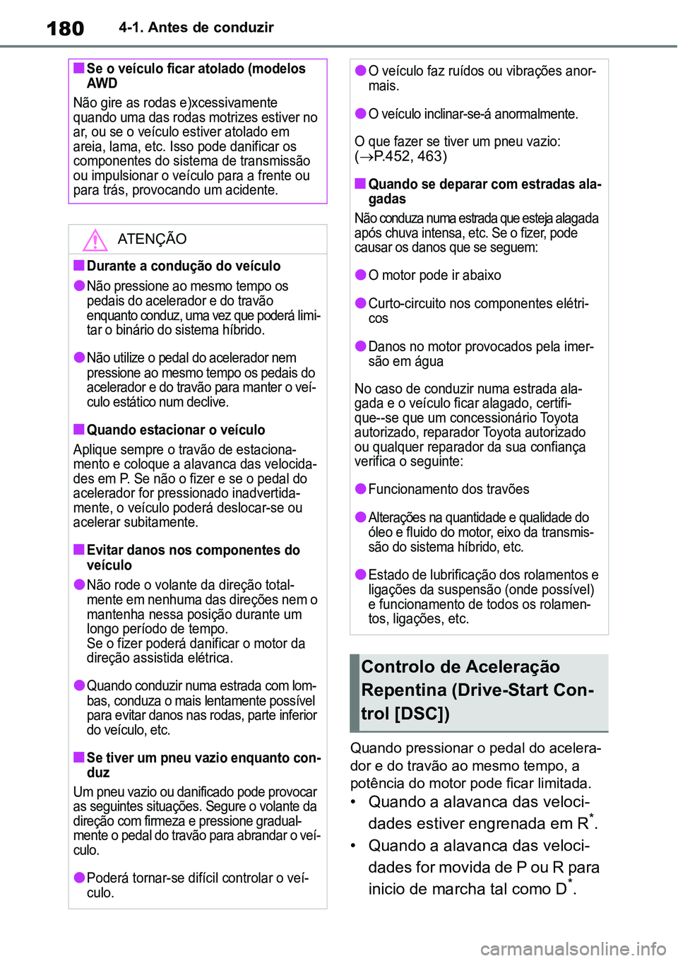TOYOTA YARIS CROSS 2022  Manual de utilização (in Portuguese) 1804-1. Antes de conduzir
Quando pressionar o pedal do acelera-
dor e do travão ao mesmo tempo, a 
potência do motor pode ficar limitada.
• Quando a alavanca das veloci-
dades estiver engrenada em