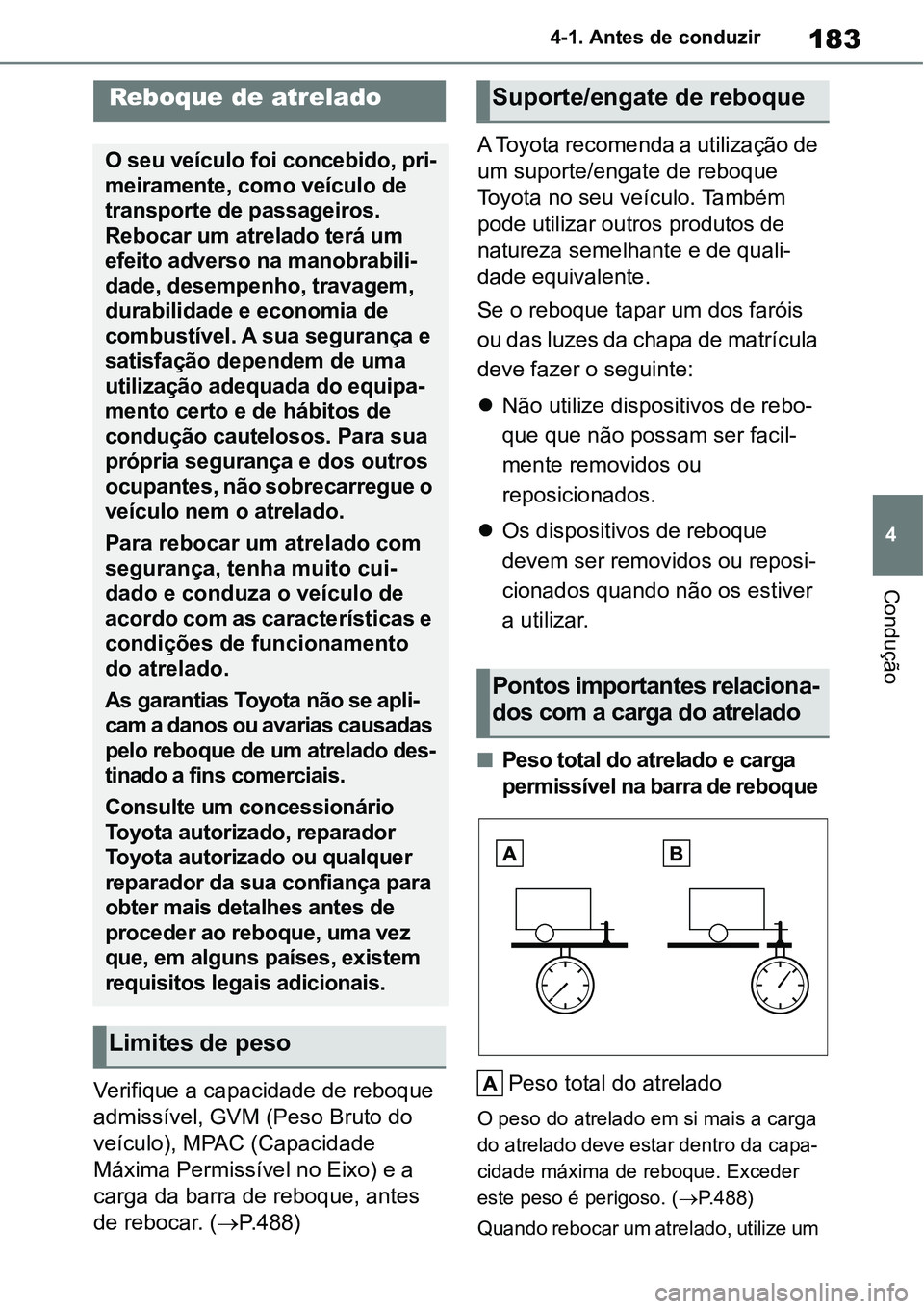 TOYOTA YARIS CROSS 2022  Manual de utilização (in Portuguese) 183
4 4-1. Antes de conduzir
Condução
Verifique a capacidade de reboque 
admissível, GVM (Peso Bruto do 
veículo), MPAC (Capacidade 
Máxima Permissível no Eixo) e a 
carga da barra de reboque, a