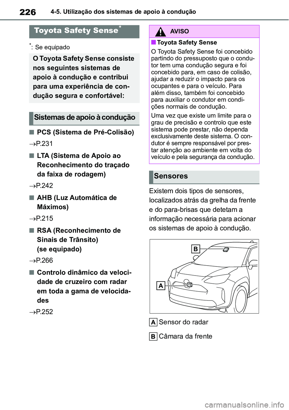 TOYOTA YARIS CROSS 2022 Manual de utilização (in Portuguese) 2264-5. Utilização dos sistemas de apoio à condução
4-5.Utilização dos sistemas de apoio à condução
*: Se equipado
PCS (Sistema de Pré-Colisão)
P. 2 3 1
LTA (Sistema de Apoio ao
TOYOTA YARIS CROSS 2022 Manual de utilização (in Portuguese) 2264-5. Utilização dos sistemas de apoio à condução
4-5.Utilização dos sistemas de apoio à condução
*: Se equipado
PCS (Sistema de Pré-Colisão)
P. 2 3 1
LTA (Sistema de Apoio ao