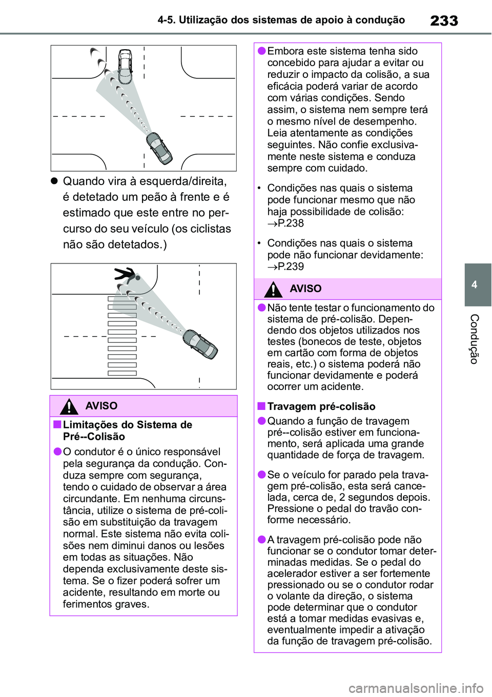 TOYOTA YARIS CROSS 2022  Manual de utilização (in Portuguese) 233
4 4-5. Utilização dos sistemas de apoio à condução
Condução
Quando vira à esquerda/direita, 
é detetado um peão à frente e é 
estimado que este entre no per-
curso do seu veículo (