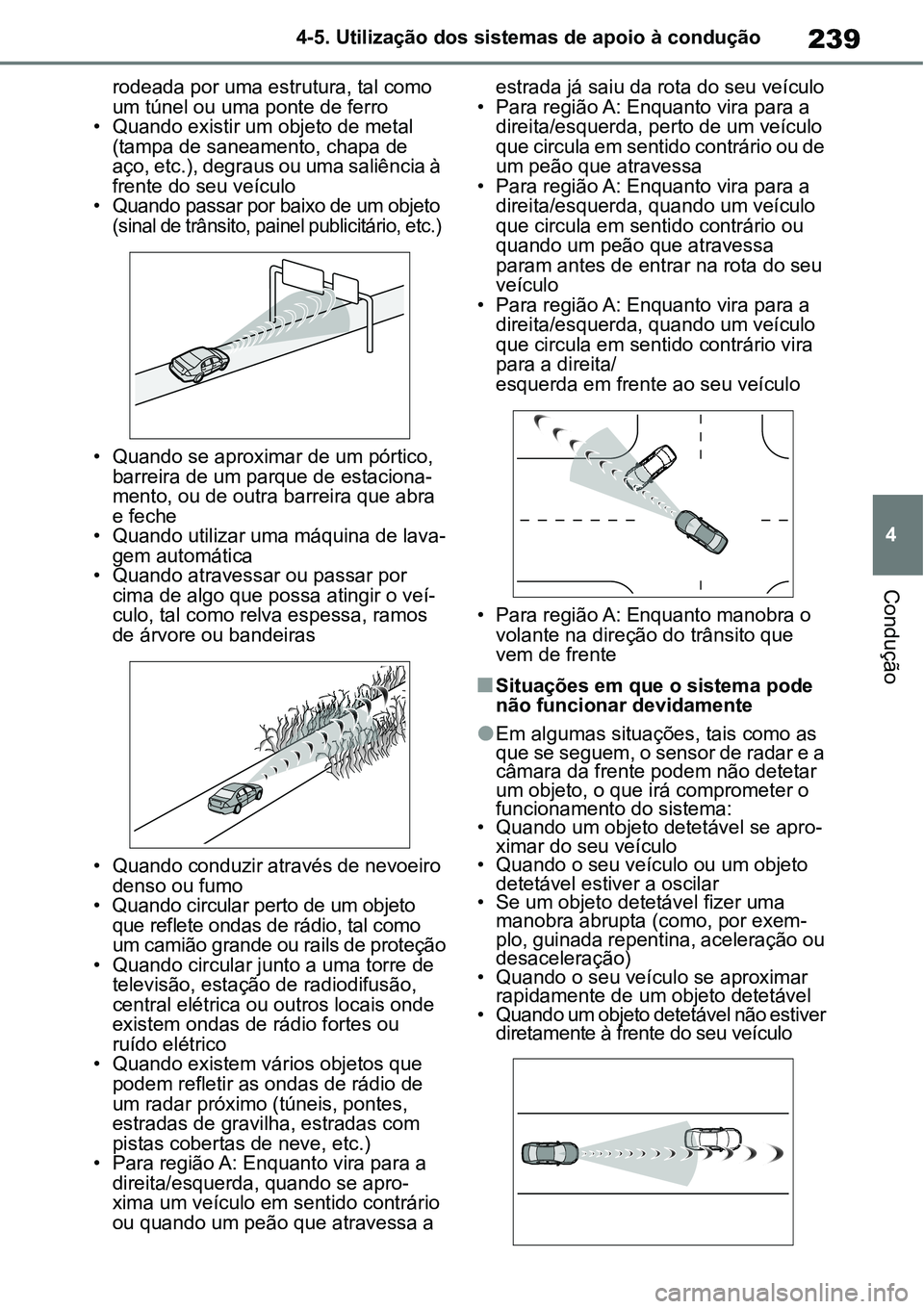 TOYOTA YARIS CROSS 2022 Manual de utilização (in Portuguese) 239
4 4-5. Utilização dos sistemas de apoio à condução
Condução
rodeada por uma estrutura, tal como
um túnel ou uma ponte de ferro
• Quando existir um objeto de metal
(tampa de saneamento, TOYOTA YARIS CROSS 2022 Manual de utilização (in Portuguese) 239
4 4-5. Utilização dos sistemas de apoio à condução
Condução
rodeada por uma estrutura, tal como
um túnel ou uma ponte de ferro
• Quando existir um objeto de metal
(tampa de saneamento,