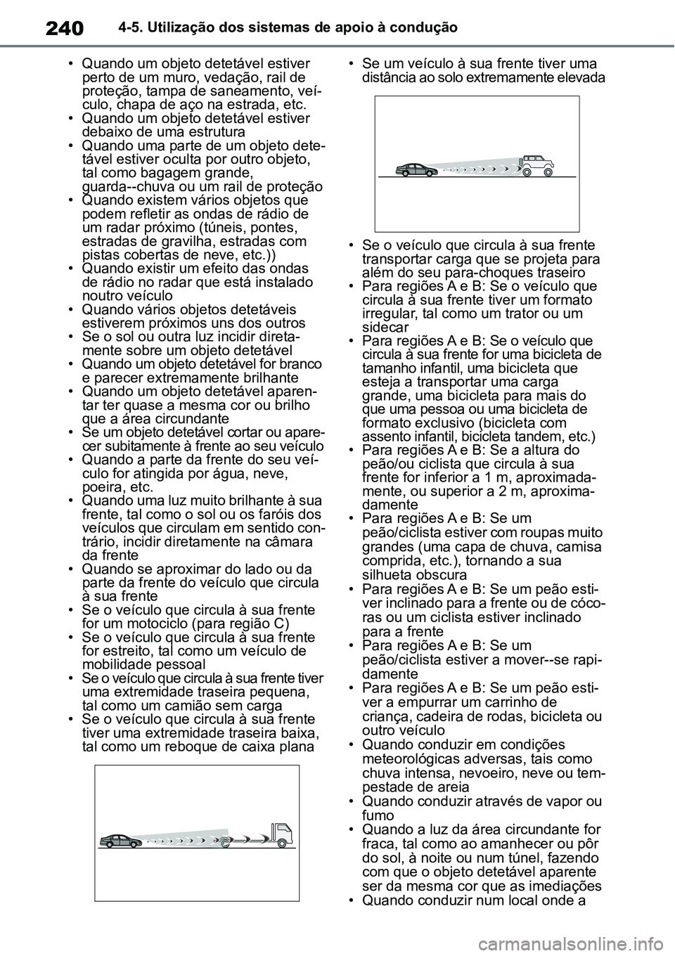 TOYOTA YARIS CROSS 2022  Manual de utilização (in Portuguese) 2404-5. Utilização dos sistemas de apoio à condução
• Quando um objeto detetável estiver 
perto de um muro, vedação, rail de 
proteção, tampa de saneamento, veí-
culo, chapa de aço na es