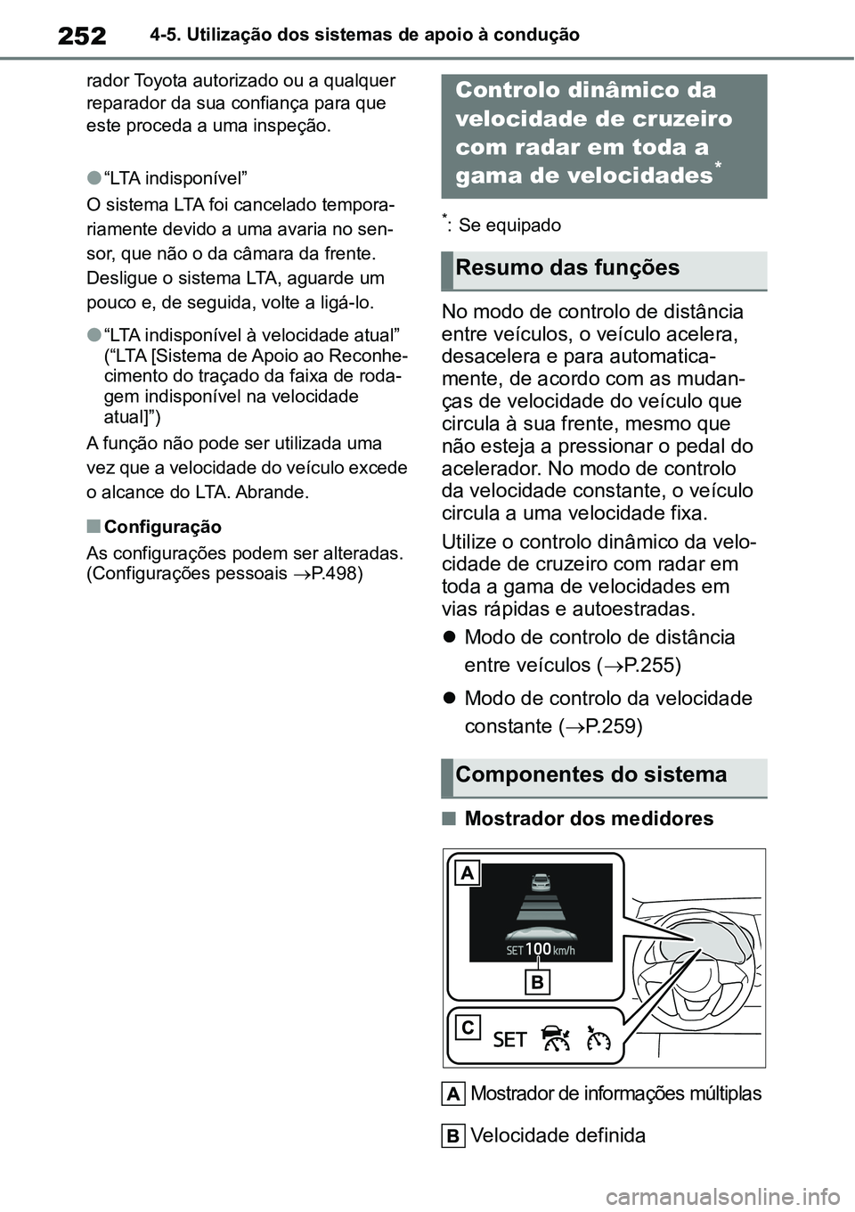 TOYOTA YARIS CROSS 2022  Manual de utilização (in Portuguese) 2524-5. Utilização dos sistemas de apoio à condução
rador Toyota autorizado ou a qualquer 
reparador da sua confiança para que 
este proceda a uma inspeção.
“LTA indisponível”
O sistem