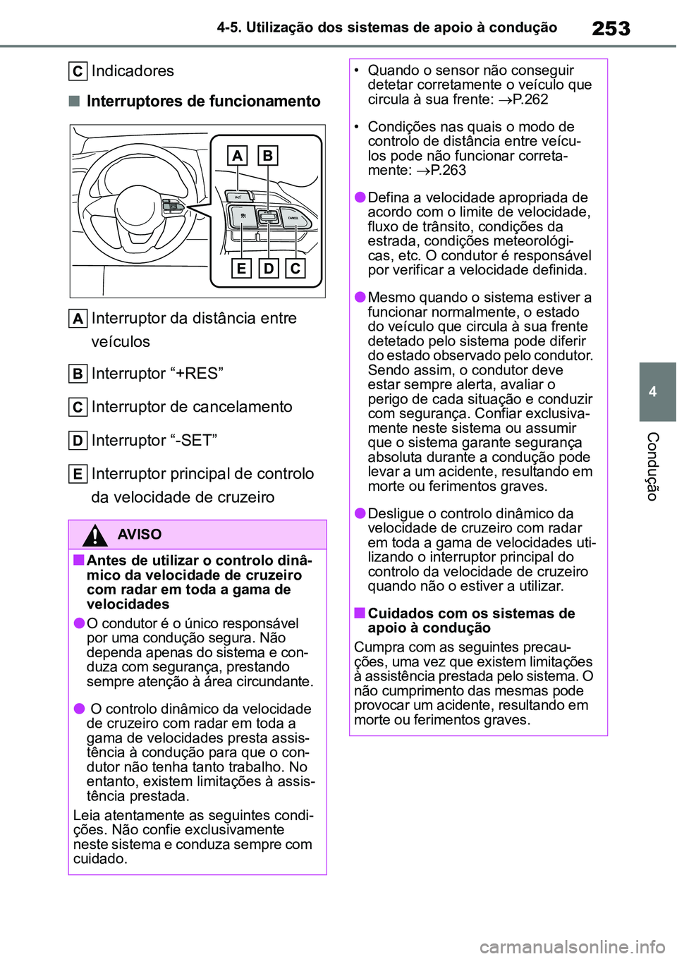 TOYOTA YARIS CROSS 2022 Manual de utilização (in Portuguese) 253
4 4-5. Utilização dos sistemas de apoio à condução
Condução
Indicadores
Interruptores de funcionamento
Interruptor da distância entre
veículos
Interruptor “+RES”
Interruptor de ca TOYOTA YARIS CROSS 2022 Manual de utilização (in Portuguese) 253
4 4-5. Utilização dos sistemas de apoio à condução
Condução
Indicadores
Interruptores de funcionamento
Interruptor da distância entre
veículos
Interruptor “+RES”
Interruptor de ca