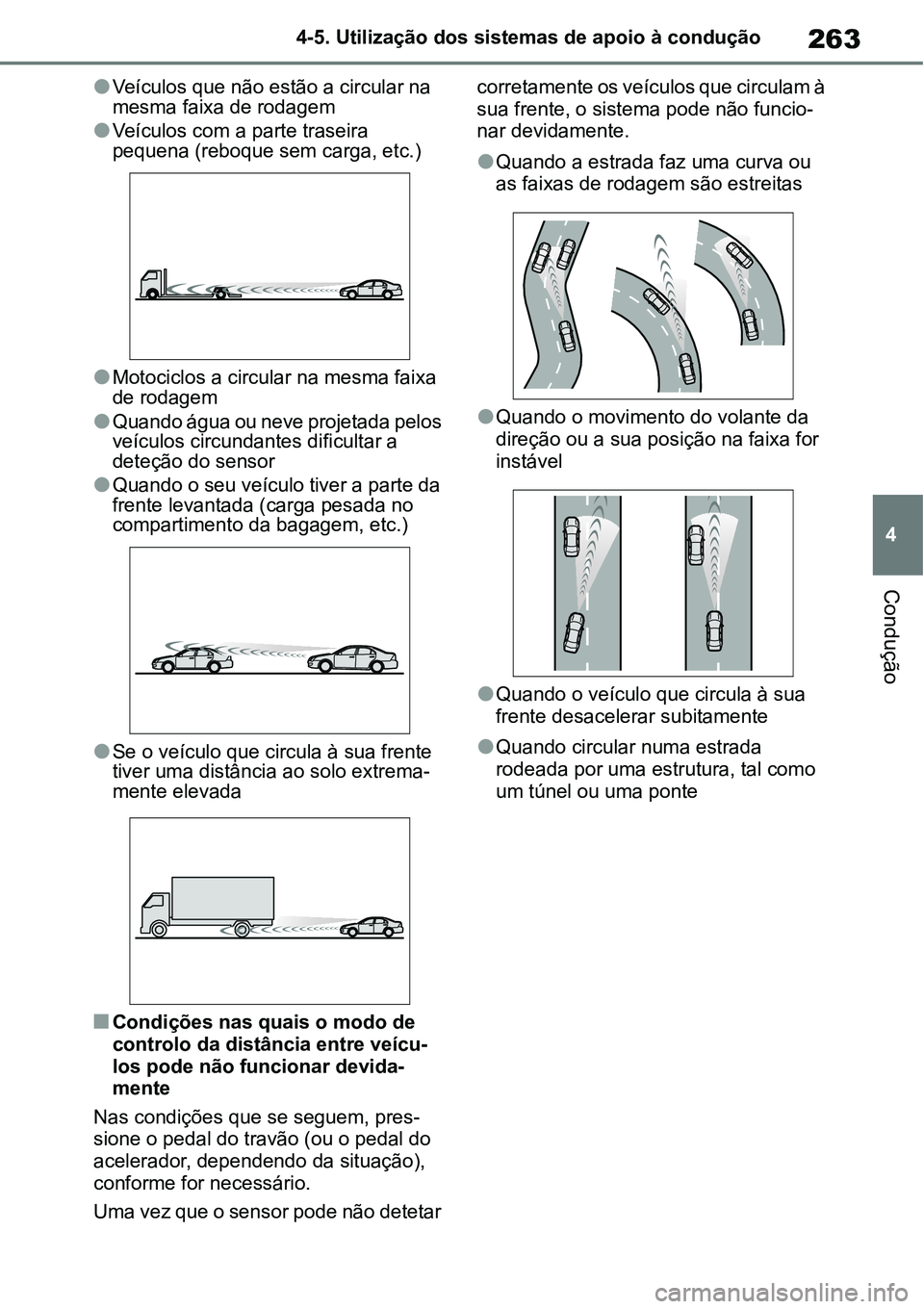 TOYOTA YARIS CROSS 2022 Manual de utilização (in Portuguese) 263
4 4-5. Utilização dos sistemas de apoio à condução
Condução
Veículos que não estão a circular na
mesma faixa de rodagem
Veículos com a parte traseira
pequena (reboque sem carga, TOYOTA YARIS CROSS 2022 Manual de utilização (in Portuguese) 263
4 4-5. Utilização dos sistemas de apoio à condução
Condução
Veículos que não estão a circular na
mesma faixa de rodagem
Veículos com a parte traseira
pequena (reboque sem carga,