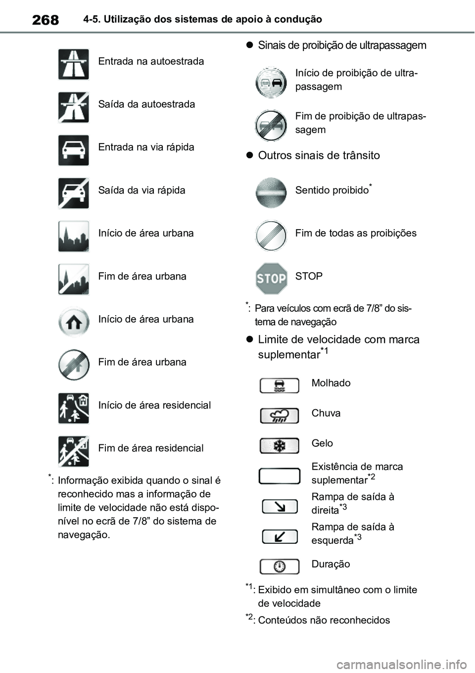 TOYOTA YARIS CROSS 2022  Manual de utilização (in Portuguese) 2684-5. Utilização dos sistemas de apoio à condução
*: Informação exibida quando o sinal é 
reconhecido mas a informação de 
limite de velocidade não está dispo-
nível no ecrã de 7/8” 