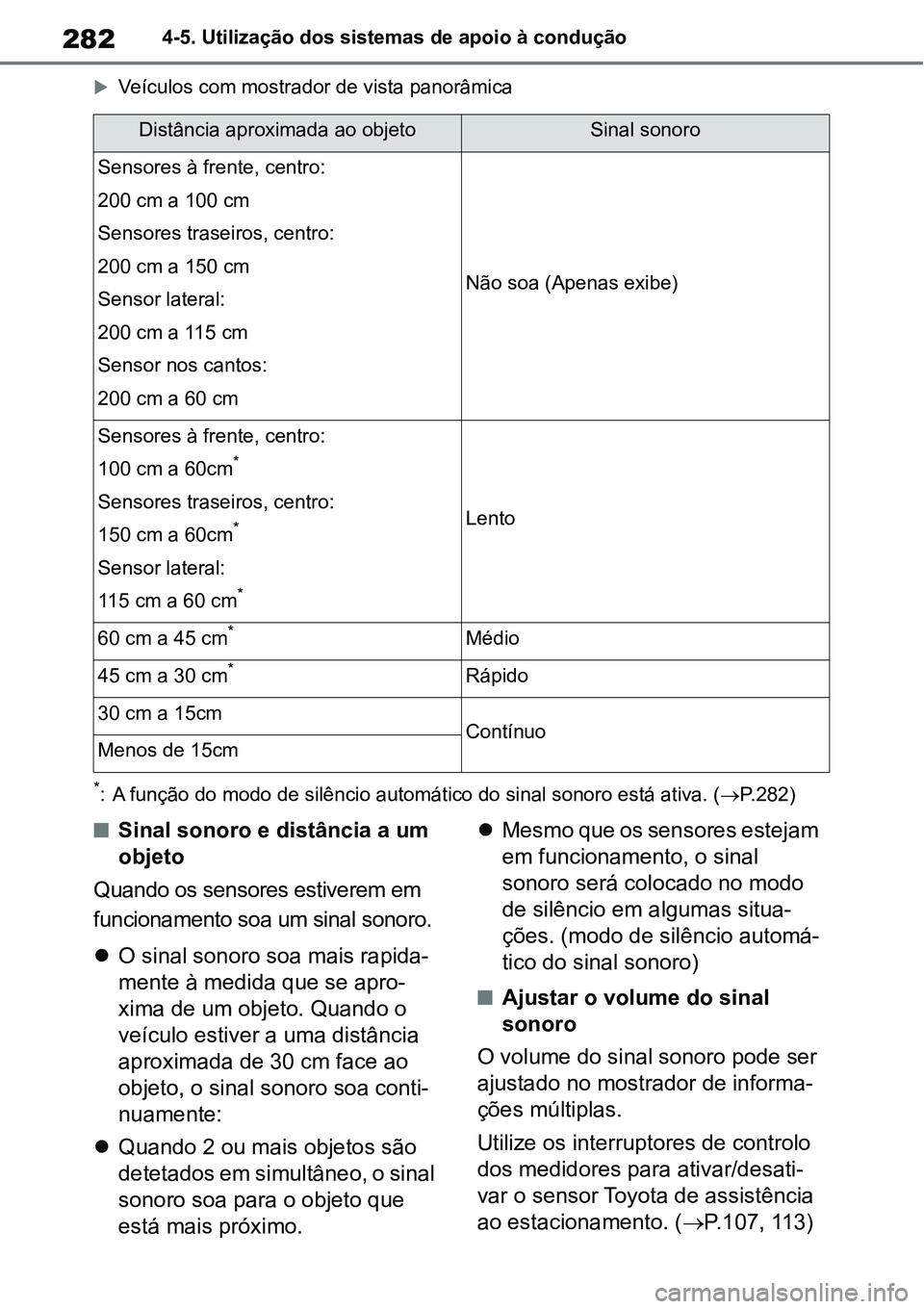 TOYOTA YARIS CROSS 2022 Manual de utilização (in Portuguese) 2824-5. Utilização dos sistemas de apoio à condução
Veículos com mostrador de vista panorâmica
*: A função do modo de silêncio automático do sinal sonoro está ativa. (P.282)
Sinal TOYOTA YARIS CROSS 2022 Manual de utilização (in Portuguese) 2824-5. Utilização dos sistemas de apoio à condução
Veículos com mostrador de vista panorâmica
*: A função do modo de silêncio automático do sinal sonoro está ativa. (P.282)
Sinal