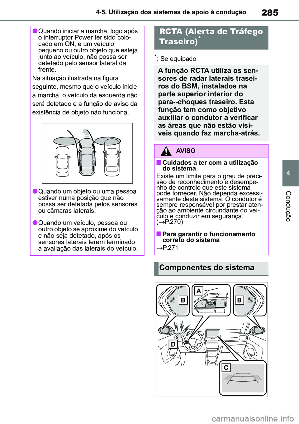 TOYOTA YARIS CROSS 2022 Manual de utilização (in Portuguese) 285
4 4-5. Utilização dos sistemas de apoio à condução
Condução
*: Se equipado
Quando iniciar a marcha, logo após
o interruptor Power ter sido colo-
cado em ON, e um veículo
pequeno ou o TOYOTA YARIS CROSS 2022 Manual de utilização (in Portuguese) 285
4 4-5. Utilização dos sistemas de apoio à condução
Condução
*: Se equipado
Quando iniciar a marcha, logo após
o interruptor Power ter sido colo-
cado em ON, e um veículo
pequeno ou o