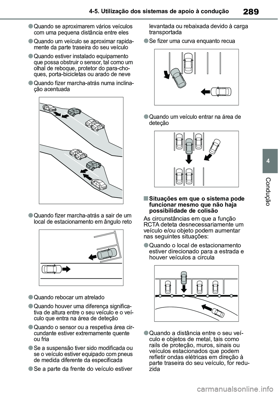 TOYOTA YARIS CROSS 2022 Manual de utilização (in Portuguese) 289
4 4-5. Utilização dos sistemas de apoio à condução
Condução
Quando se aproximarem vários veículos
com uma pequena distância entre eles
Quando um veículo se aproximar rapida-
ment TOYOTA YARIS CROSS 2022 Manual de utilização (in Portuguese) 289
4 4-5. Utilização dos sistemas de apoio à condução
Condução
Quando se aproximarem vários veículos
com uma pequena distância entre eles
Quando um veículo se aproximar rapida-
ment