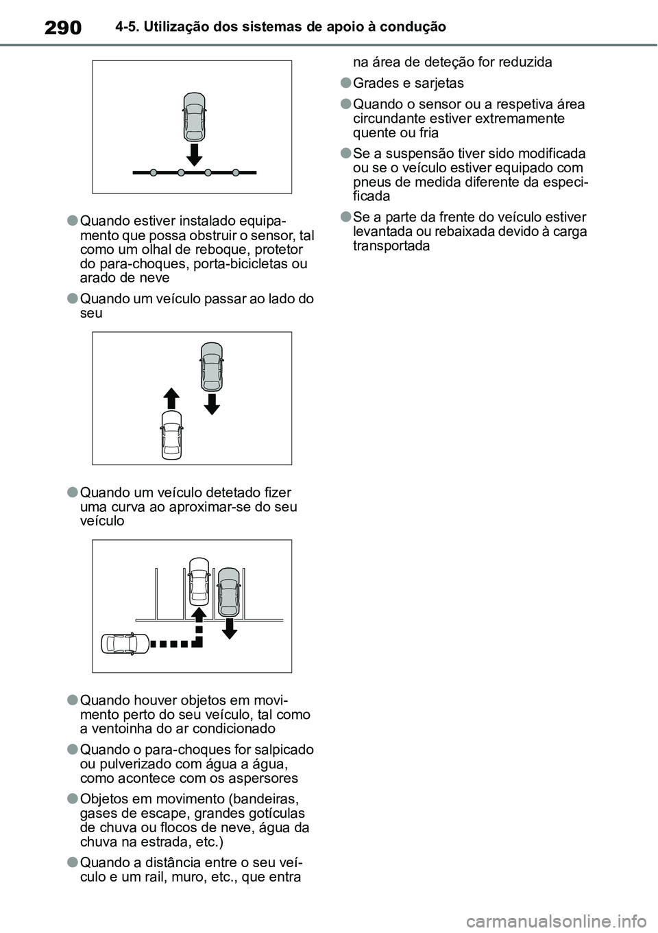 TOYOTA YARIS CROSS 2022 Manual de utilização (in Portuguese) 2904-5. Utilização dos sistemas de apoio à condução
Quando estiver instalado equipa-
mento que possa obstruir o sensor, tal
como um olhal de reboque, protetor
do para-choques, porta-biciclet TOYOTA YARIS CROSS 2022 Manual de utilização (in Portuguese) 2904-5. Utilização dos sistemas de apoio à condução
Quando estiver instalado equipa-
mento que possa obstruir o sensor, tal
como um olhal de reboque, protetor
do para-choques, porta-biciclet