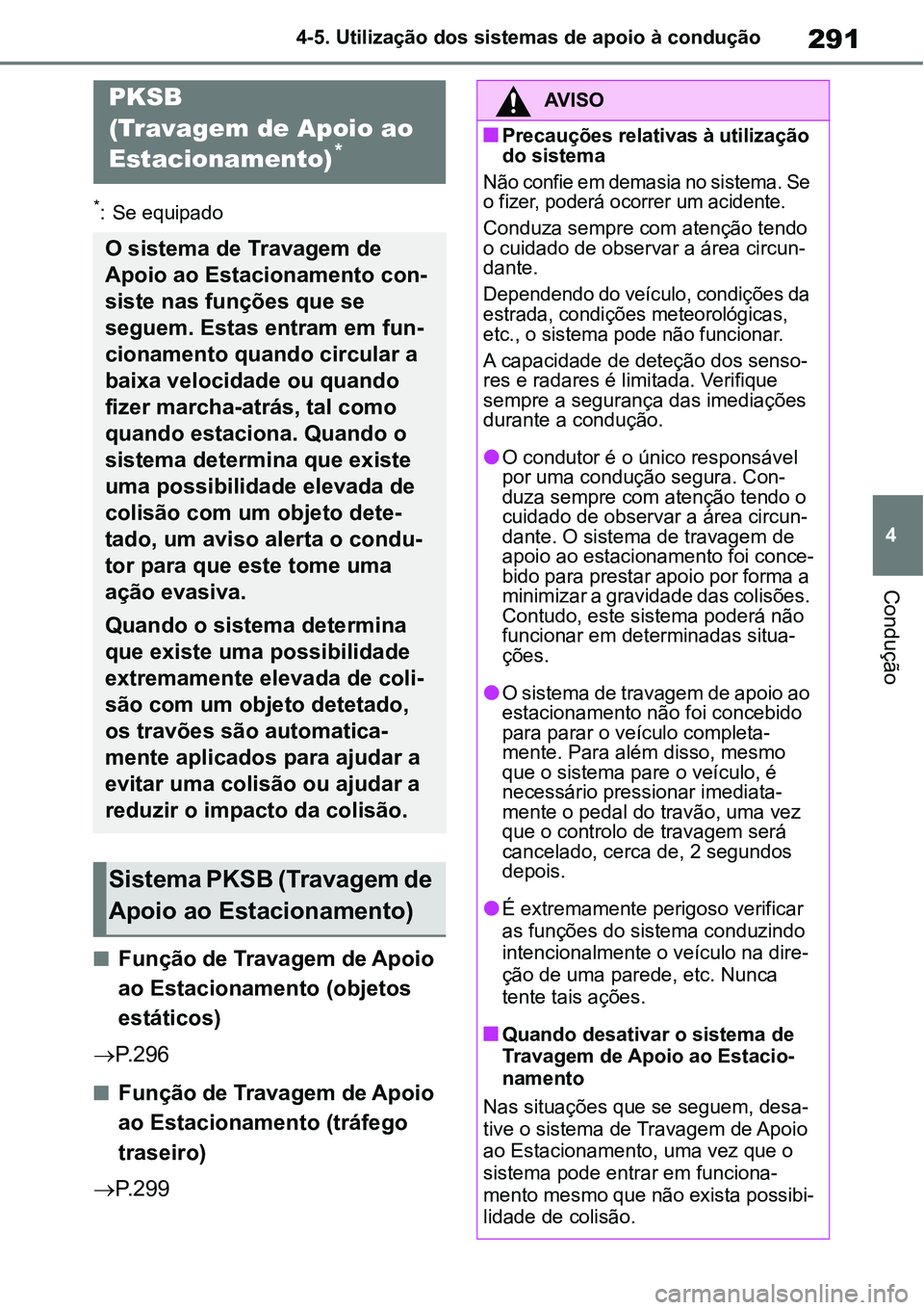 TOYOTA YARIS CROSS 2022  Manual de utilização (in Portuguese) 291
4 4-5. Utilização dos sistemas de apoio à condução
Condução
*: Se equipado
Função de Travagem de Apoio 
ao Estacionamento (objetos 
estáticos)
P. 2 9 6
Função de Travagem de A