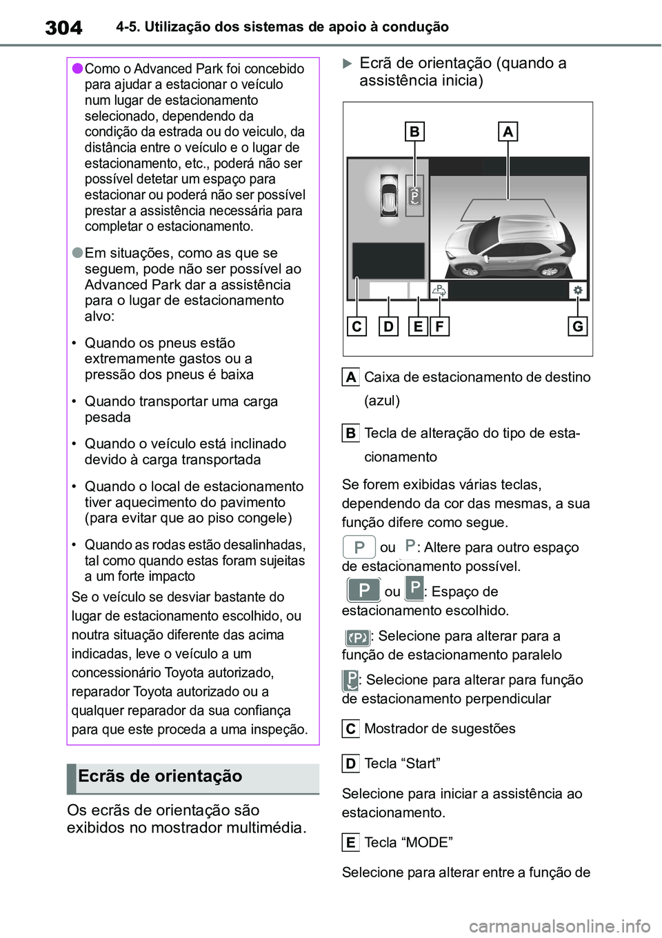 TOYOTA YARIS CROSS 2022  Manual de utilização (in Portuguese) 3044-5. Utilização dos sistemas de apoio à condução
Os ecrãs de orientação são 
exibidos no mostrador multimédia.
Ecrã de orientação (quando a 
assistência inicia)
Caixa de estacionam