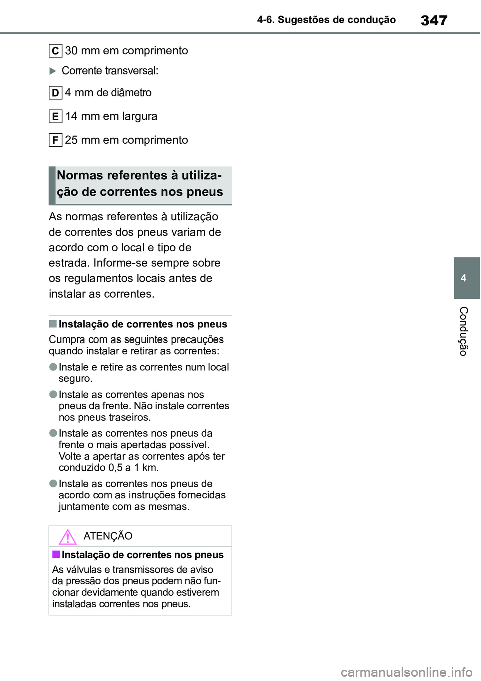 TOYOTA YARIS CROSS 2022  Manual de utilização (in Portuguese) 347
4 4-6. Sugestões de condução
Condução
30 mm em comprimento
Corrente transversal:
4 mm 
de diâmetro
14 mm em largura
25 mm em comprimento
As normas referentes à utilização 
de correntes