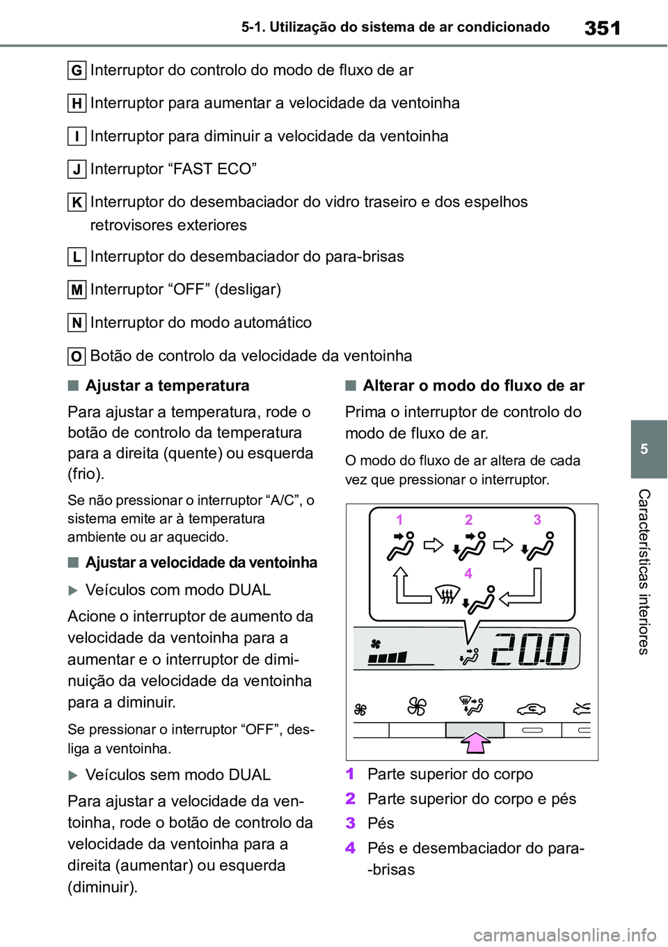 TOYOTA YARIS CROSS 2022  Manual de utilização (in Portuguese) 351
5 5-1. Utilização do sistema de ar condicionado
Características interiores
Interruptor do controlo do modo de fluxo de ar
Interruptor para aumentar a velocidade da ventoinha
Interruptor para di